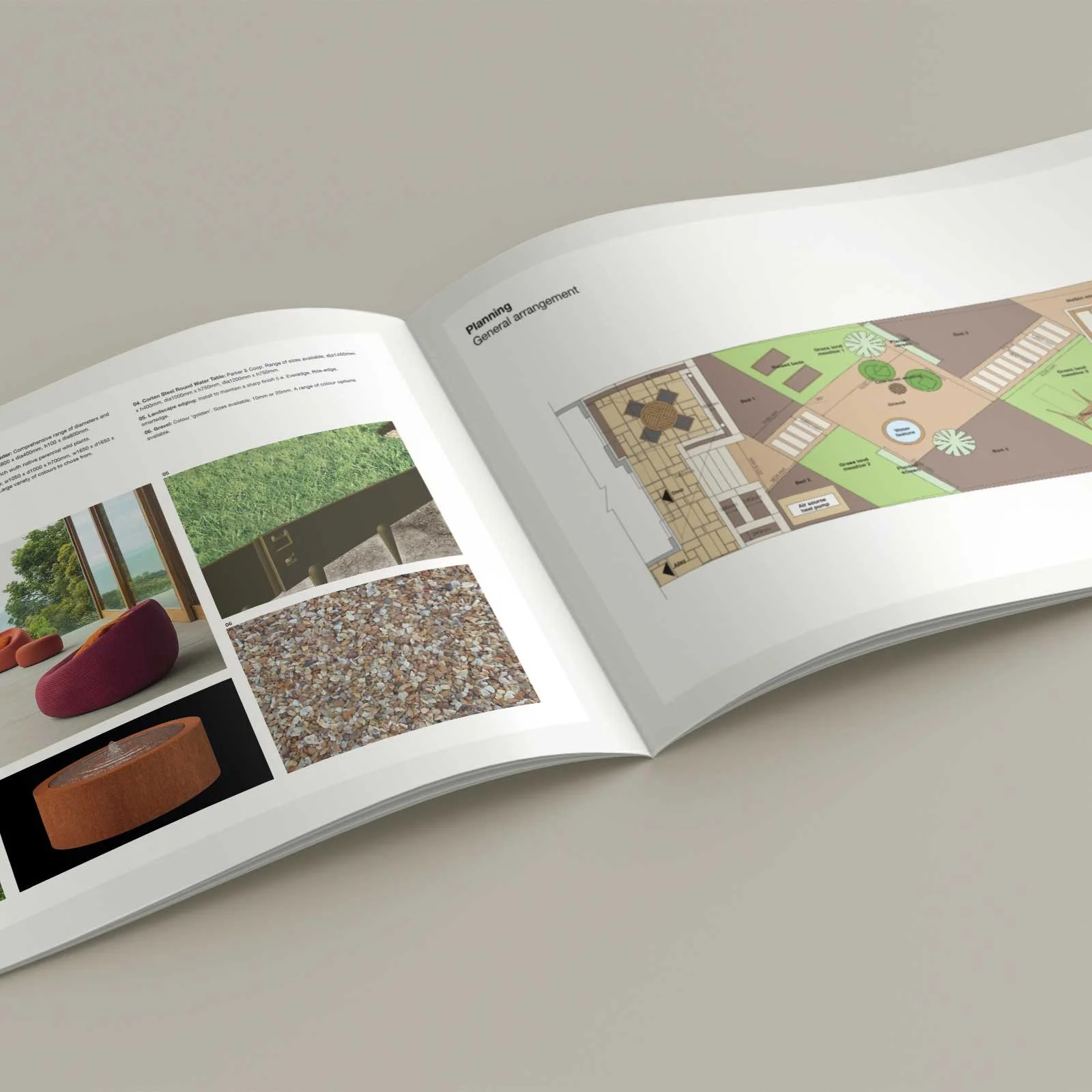 Open garden design planning book displaying a detailed landscape layout on the right page and material selection images on the left page.