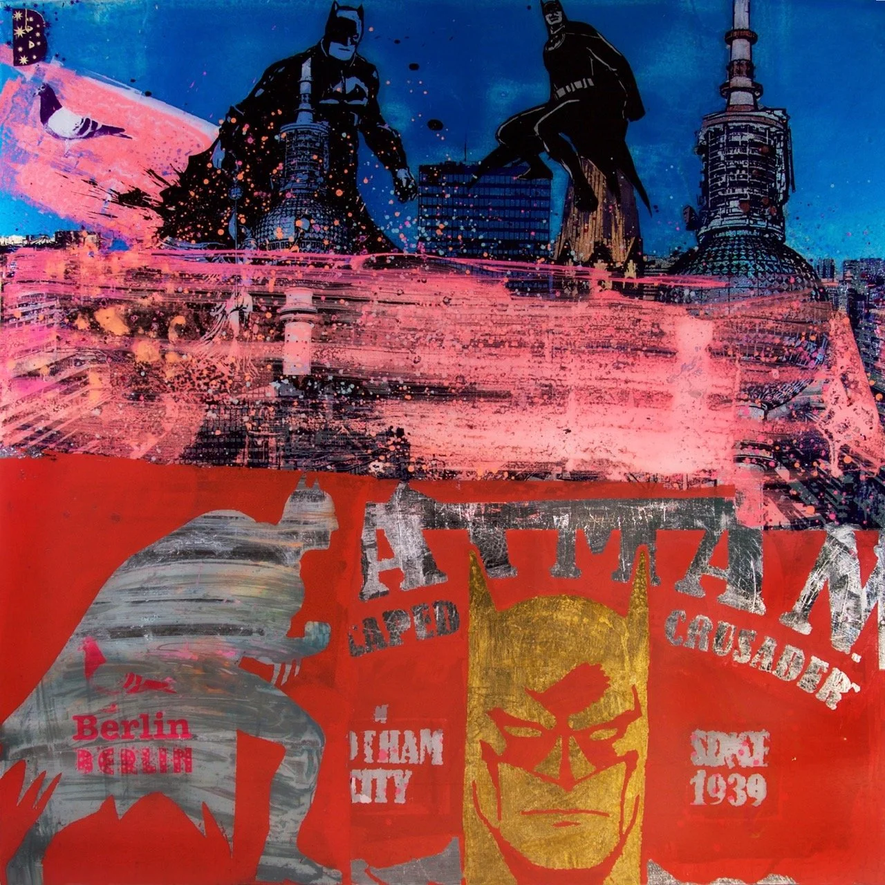 A colorful collage-style artwork featuring Batman and Superman on the top, with cityscape elements and paint splatters. The lower part has a red background with graffiti-style images and text including a tiger's face, a wolf, and phrases like "Berlin