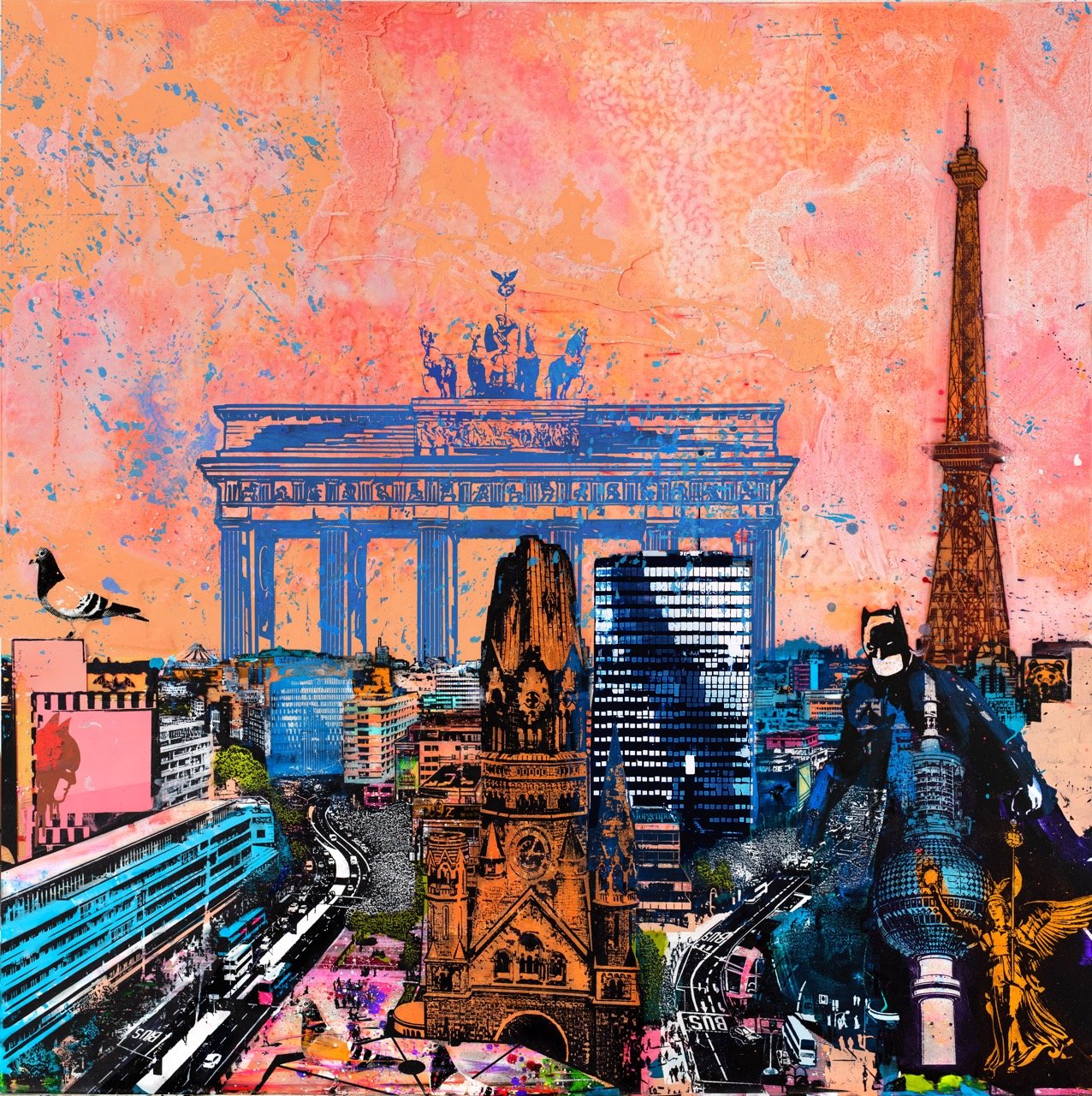 A colorful collage of Berlin landmarks including the Brandenburg Gate, Berlin TV Tower, and Berlin Cathedral, with artistic overlays and a person in a mask on the right side.
