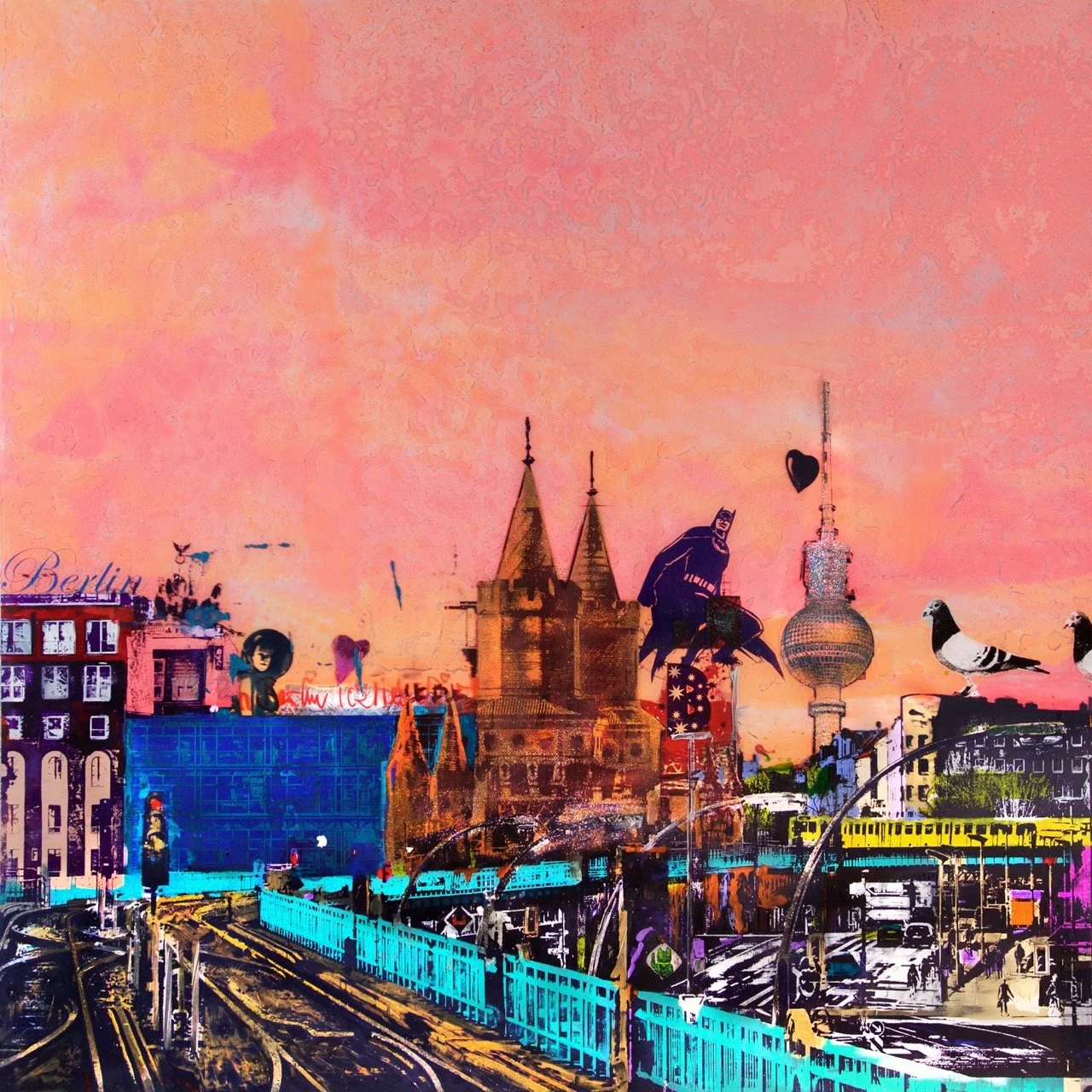 Colorful illustration of a cityscape in Berlin with iconic landmarks, buildings, and a pink sky, featuring pigeons, a train, and various artwork elements.