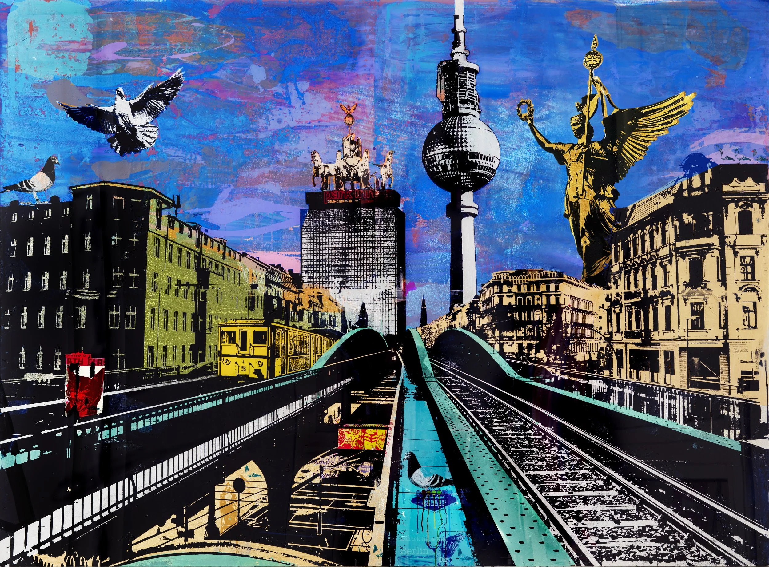 A colorful urban cityscape featuring a train on elevated tracks, the Berlin TV Tower, the Berlin landmark with a golden statue, and flying pigeons against a vibrant blue sky.