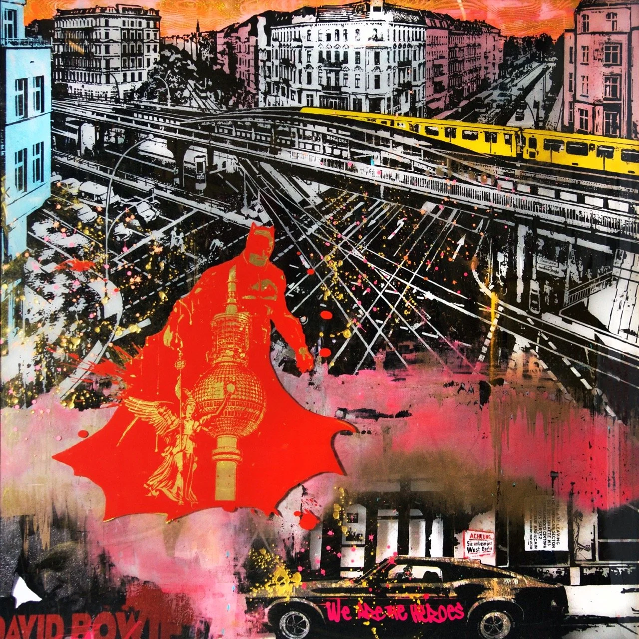Graffiti mural featuring Berlin urban cityscape with train tracks, buildings, a yellow train, a black car, and a red Superman silhouette with German symbols and Berlin landmarks, including the Fernsehturm tower.