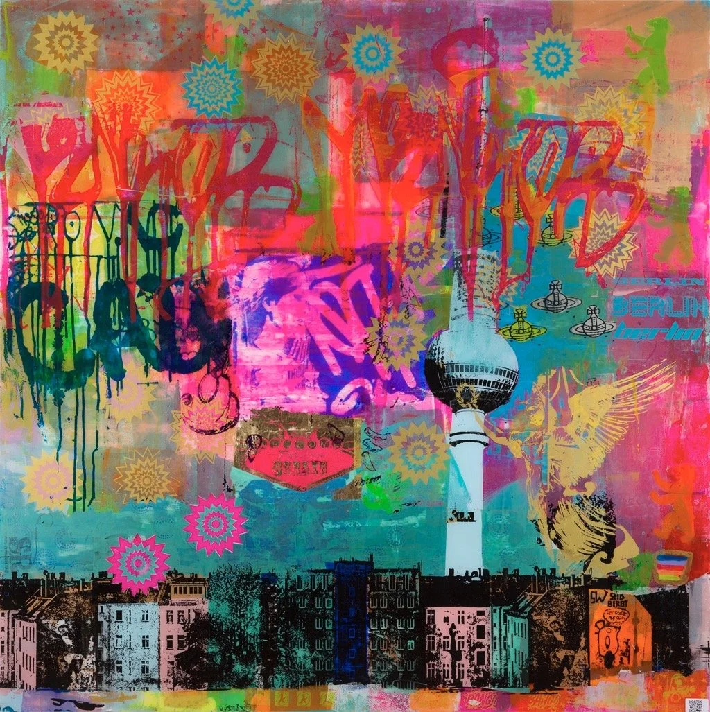 A colorful and abstract collage featuring the Berlin TV Tower, graffiti-style text, vibrant patterns, and images of buildings and symbols from Berlin.