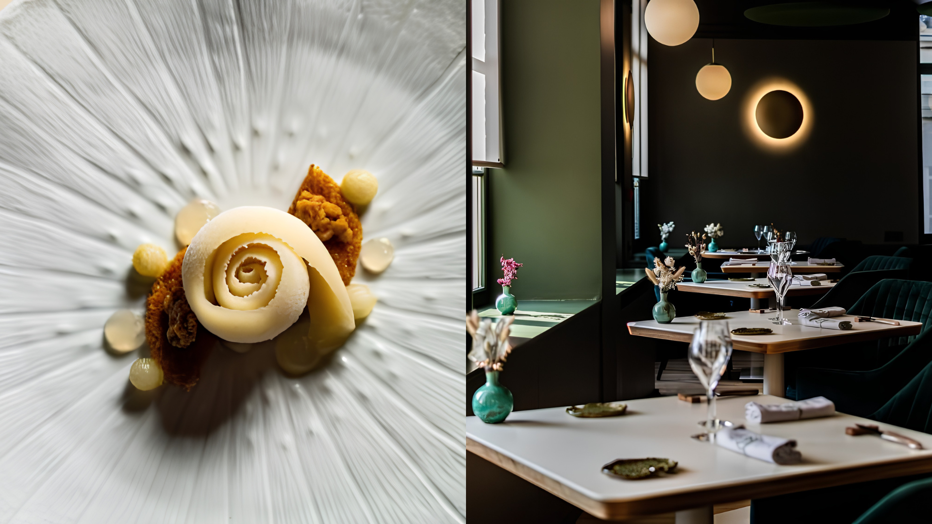 Composição visual com prato de alta cozinha empratado em detalhe e sala de restaurante elegante, preparada para serviço fine dining.