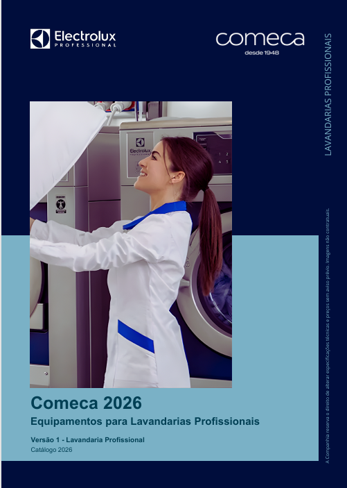 Capa do Catálogo Comeca 2026 para Equipamentos para Lavandarias Profissionais: logótipos Electrolux Professional e Comeca (desde 1948) no topo