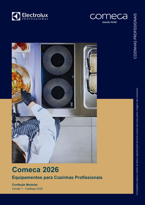 Capa do Catálogo Comeca 2026 de Cozinhas Profissionais, com bancada de indução e chef em preparação.