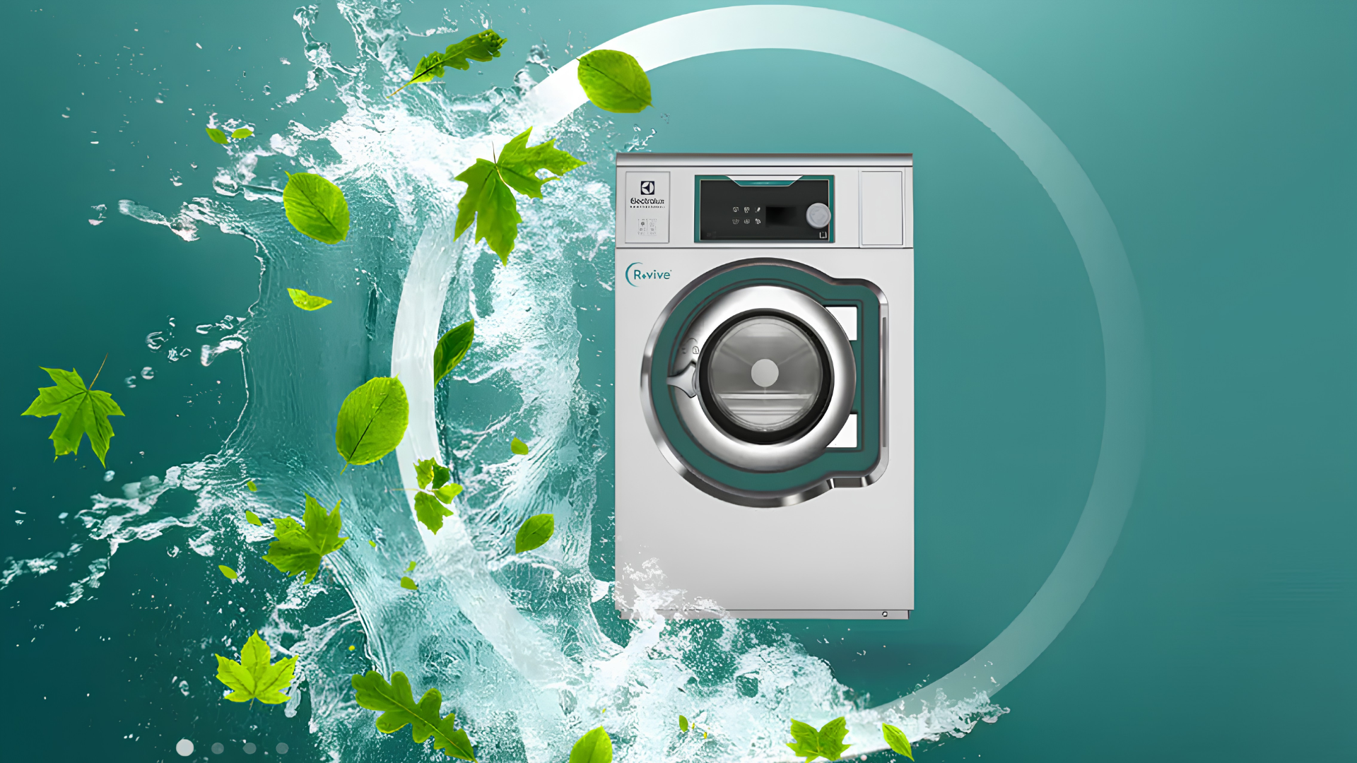 Máquina de lavar roupa profissional Electrolux Professional R-vive sobre fundo verde-água, com movimento circular de água e folhas, evocando eficiência, renovação e sustentabilidade na lavandaria profissional.