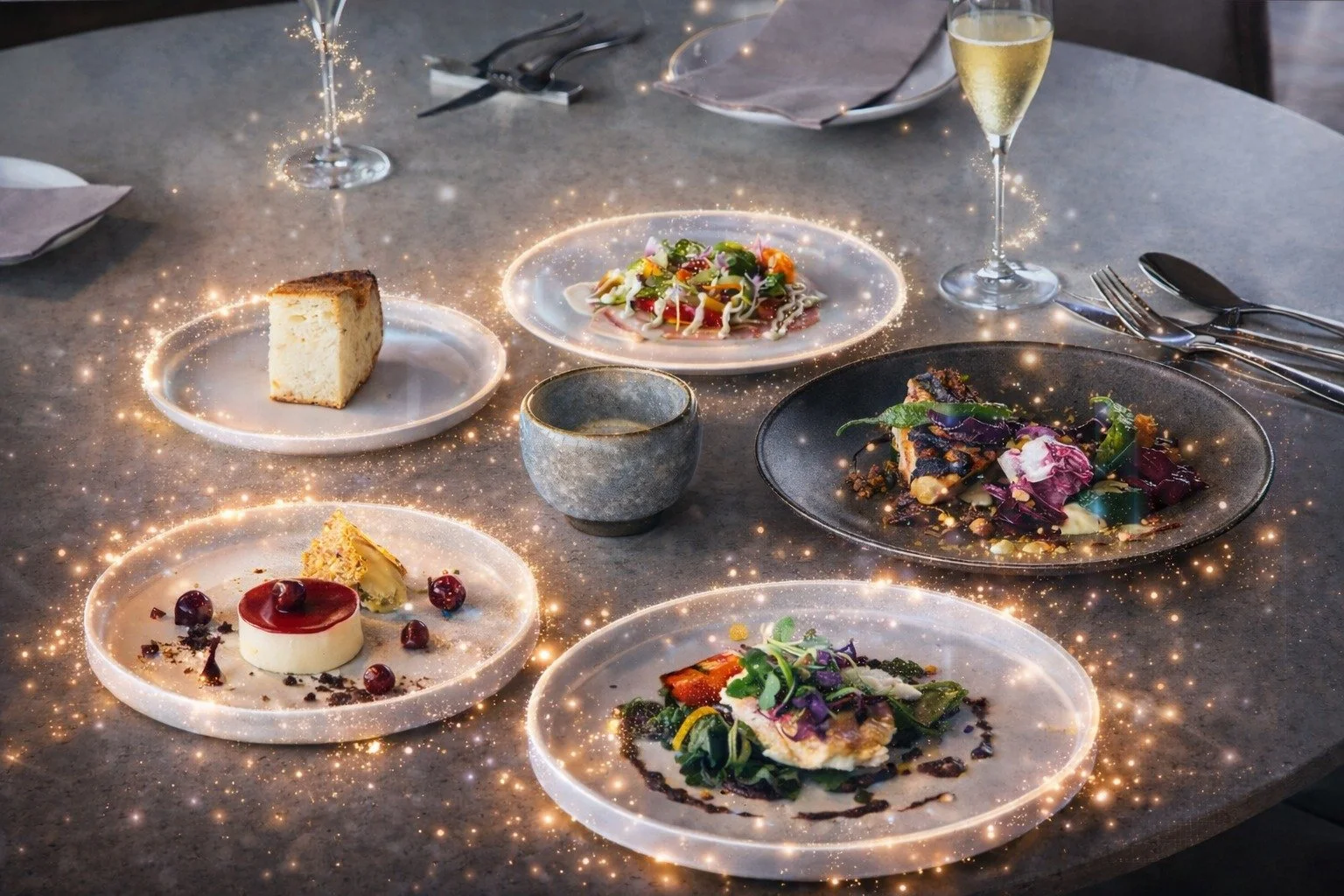 Mesa de restaurante com vários pratos de degustação e taças de espumante; um efeito luminoso e “faíscas” envolve os pratos, criando um ambiente de experiência imersiva.
