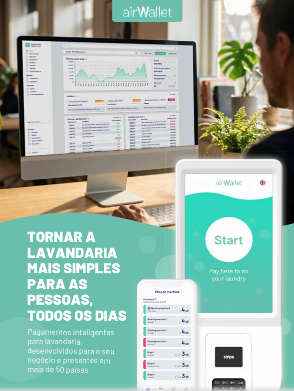 Imagem promocional da Airwallet com dashboard, app e terminal de pagamento para gestão digital de lavandarias.