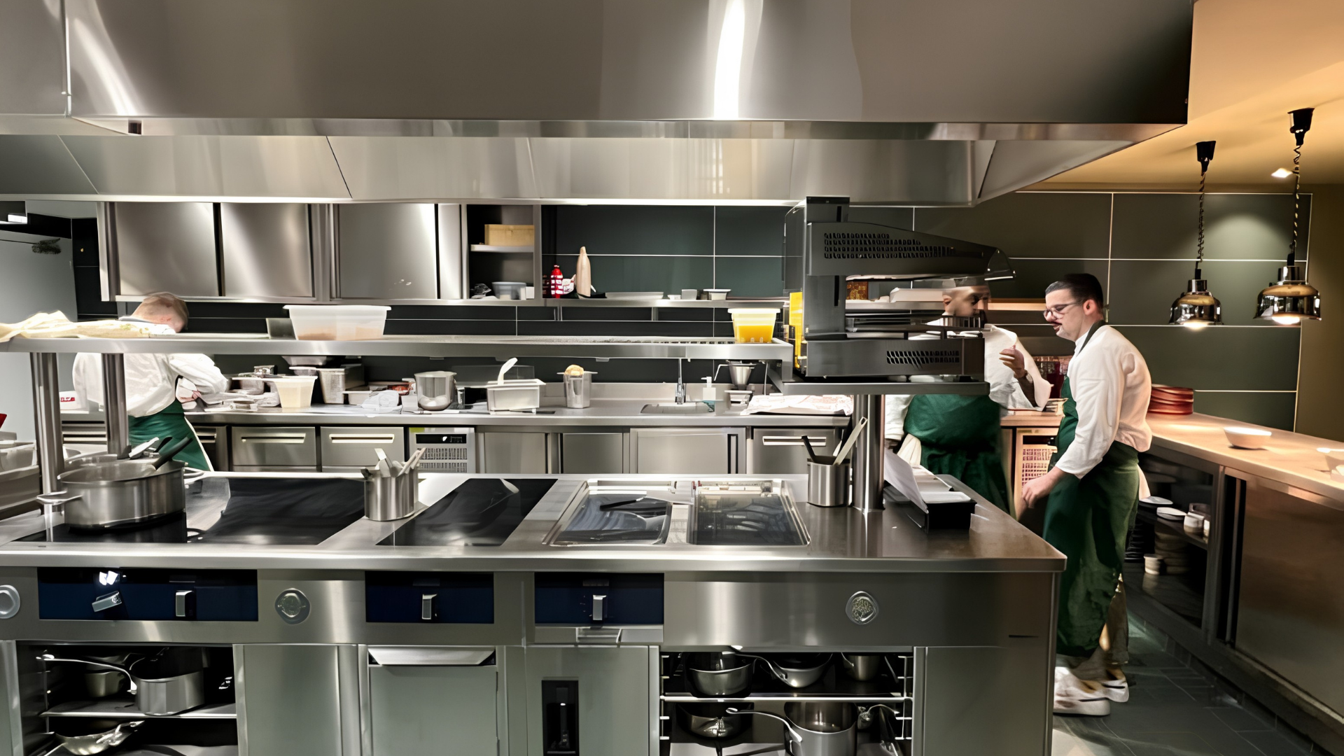 Cozinha profissional moderna em inox, equipada com zonas de confeção elétricas, exaustão industrial e equipa de cozinha em operação.