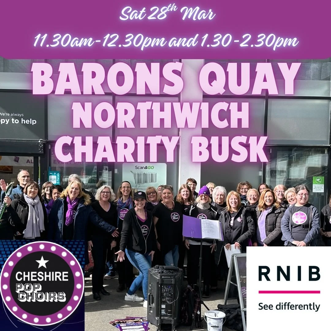 🎶 Catch us LIVE tomorrow! 🎶

The Cheshire Pop Choirs will be bringing the music to Barons Quay, Northwich 🎤✨

🕦 11:30am &ndash; 12:30pm
🕜 1:30pm &ndash; 2:30pm

We&rsquo;re proud to be raising money for RNIB (Royal National Institute of Blind Pe