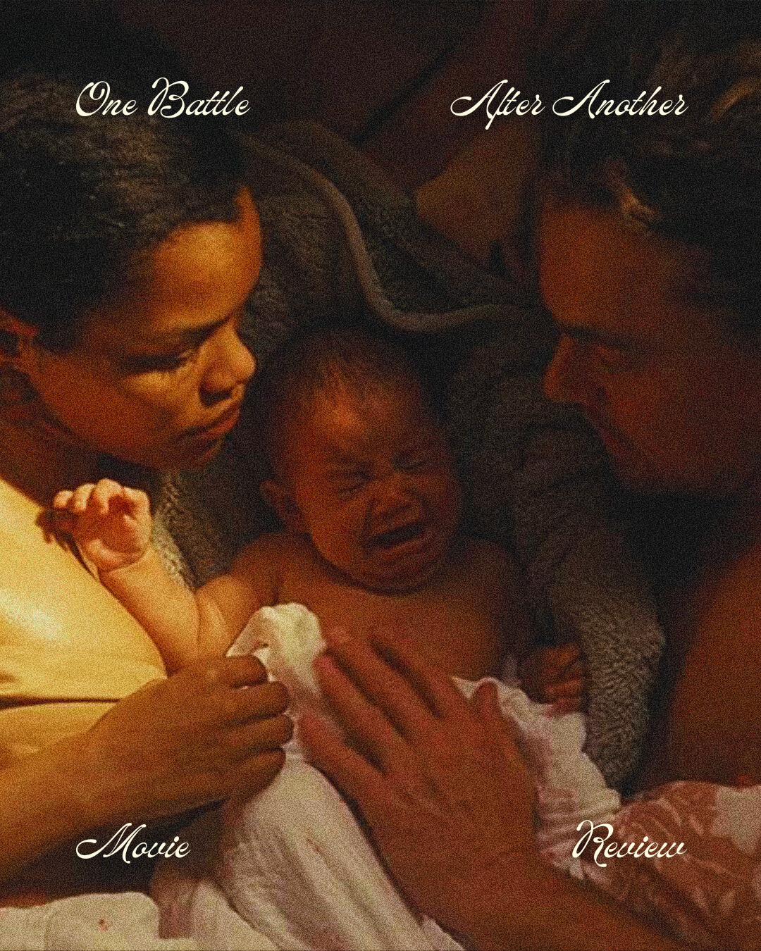 A crying baby lying on a bed with adults around, with words "One Battle," "After Another," "Movie," and "Review" written on the image.