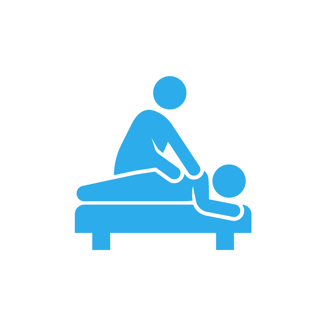 Graphic icon of two simplified human figures practicing massage therapy, one lying face down on a bed while the other leans over performing a massage.