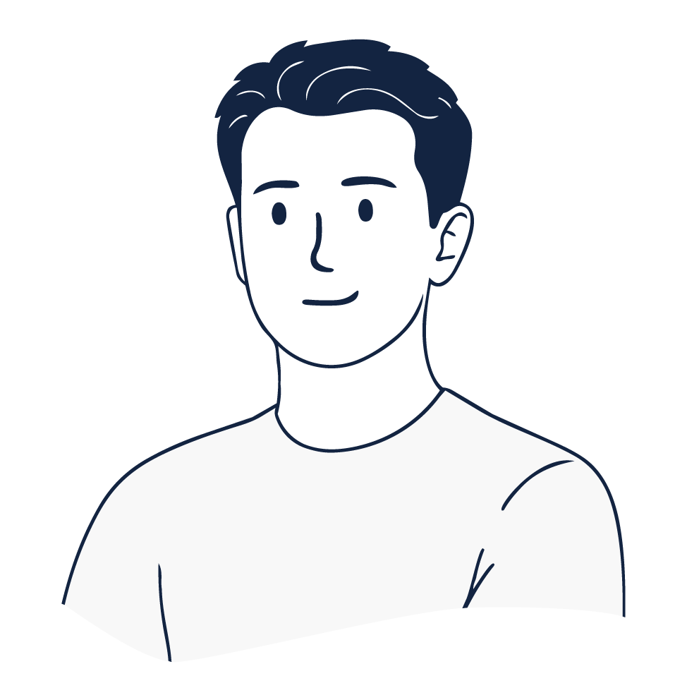 Line drawing of a smiling young man with short hair, wearing a collared shirt.