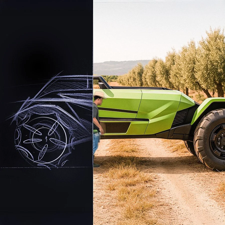 A person standing next to a large, futuristic green vehicle in a field with trees and mountains in the background, with part of a blackboard or presentation board showing car sketches on the left side.