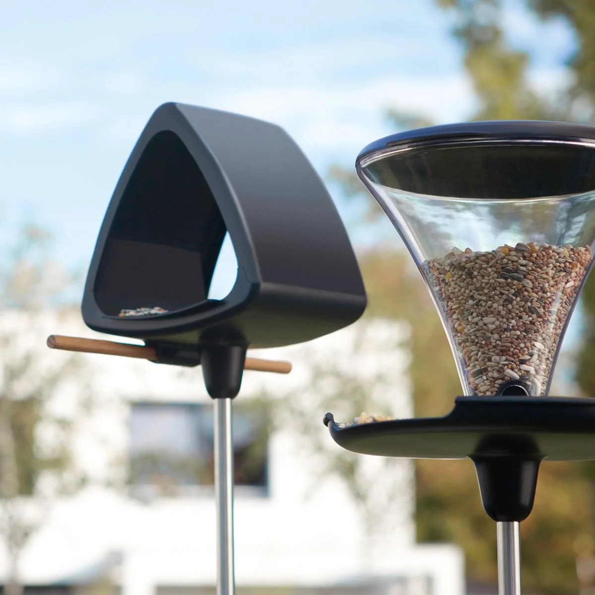 Modern bird feeder with a sleek design, combining functionality and aesthetics for a stylish garden addition.