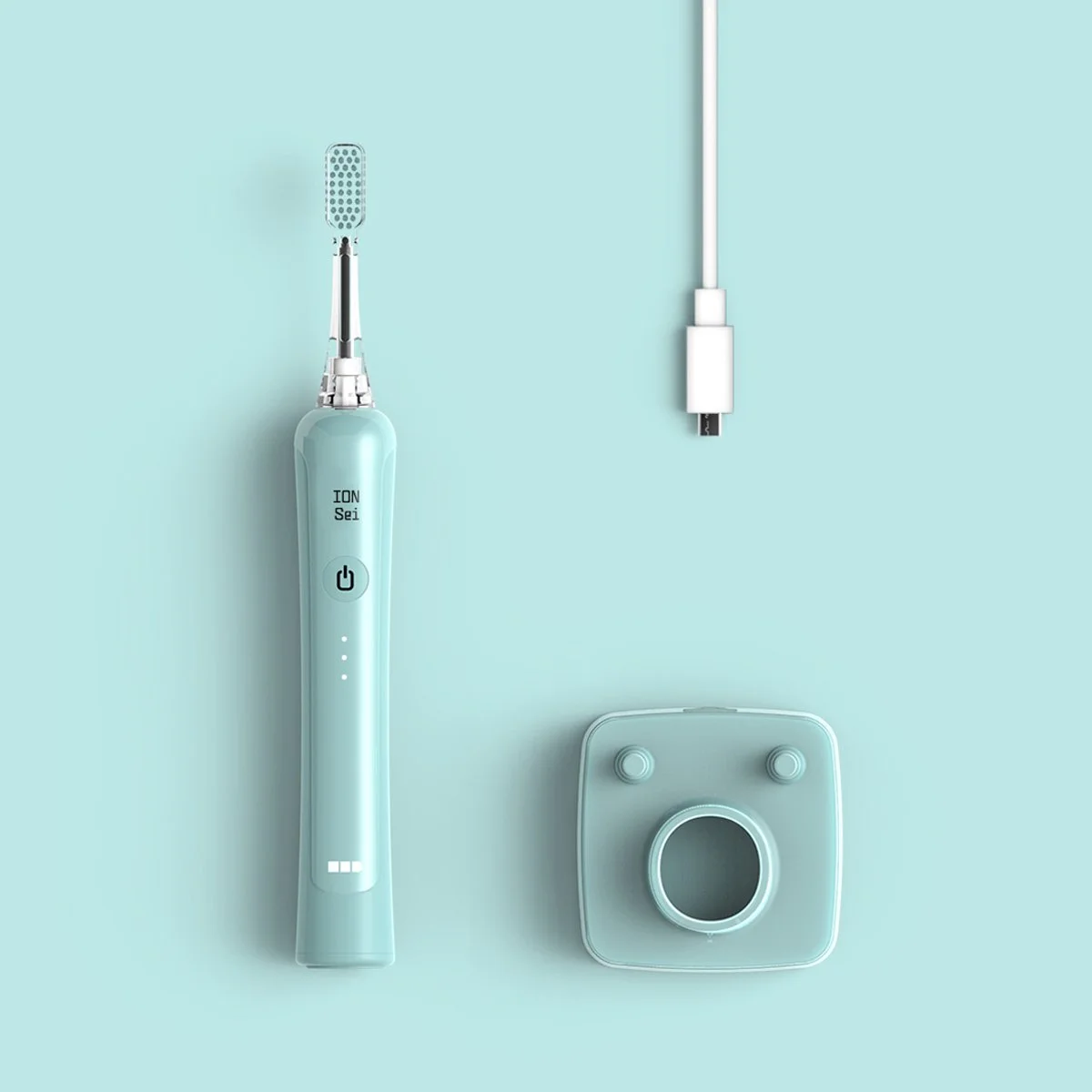 Minimalist electric toothbrush with sleek design, USB charging, and compact stand for modern, space-saving bathroom setup.