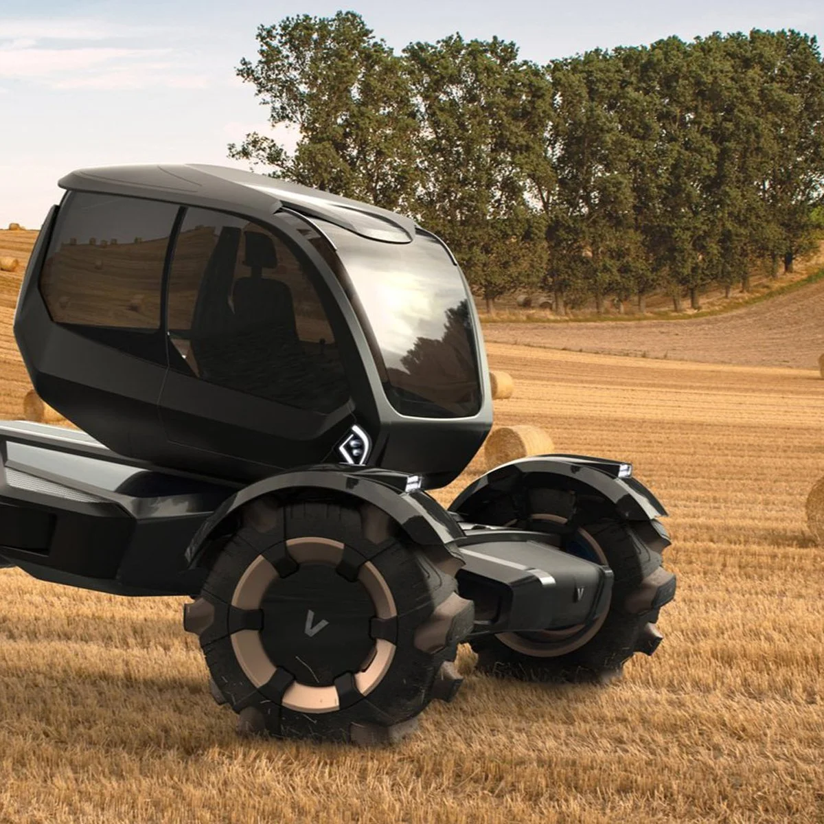 Futuristic agricultural vehicle with advanced all-terrain capabilities, designed for efficiency and adaptability in modern farming environments.