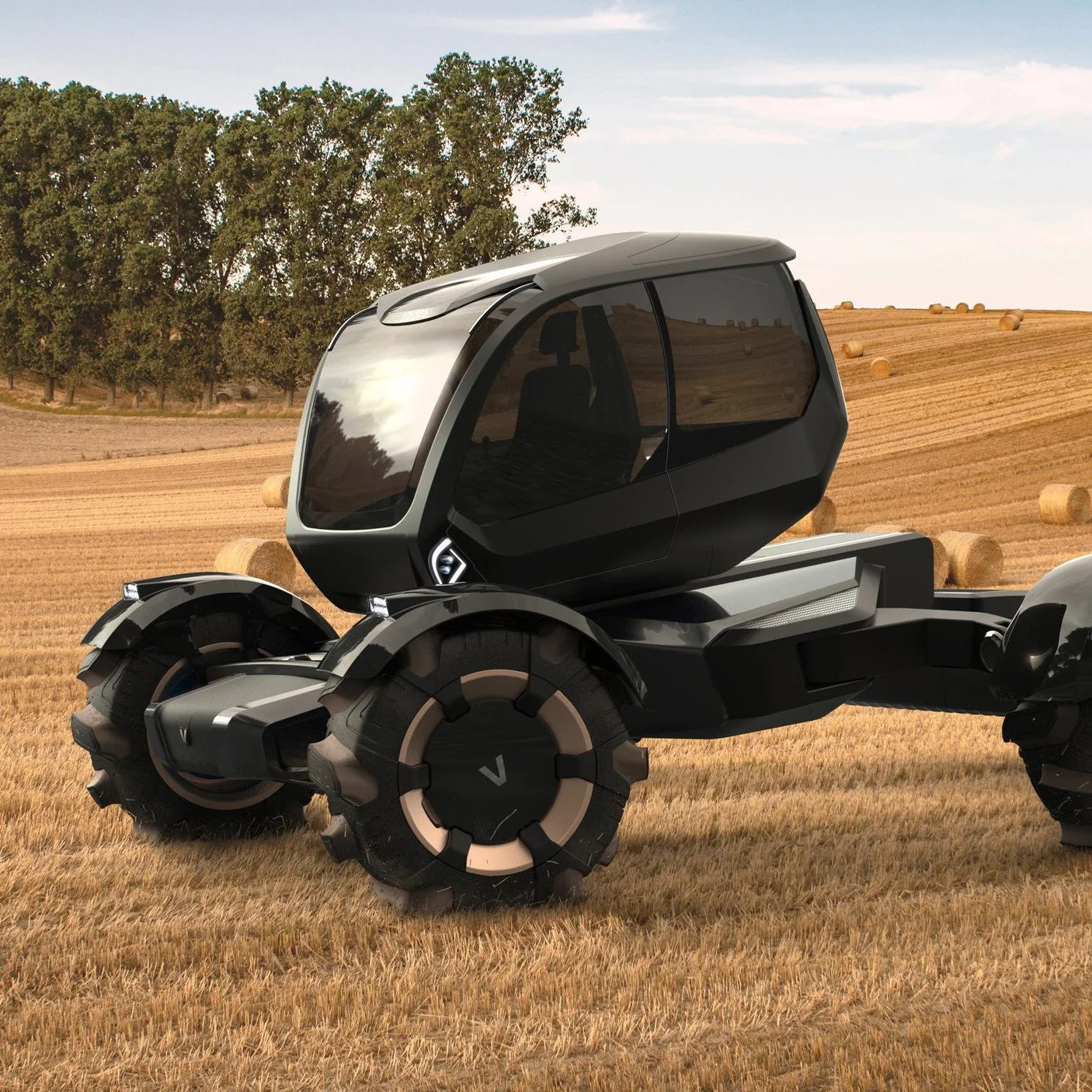 Ein futuristisches autonomes Fahrzeug mit großen, robusten Reifen in einem abgeernteten Weizenfeld, mit Heuballen und Bäumen im Hintergrund.