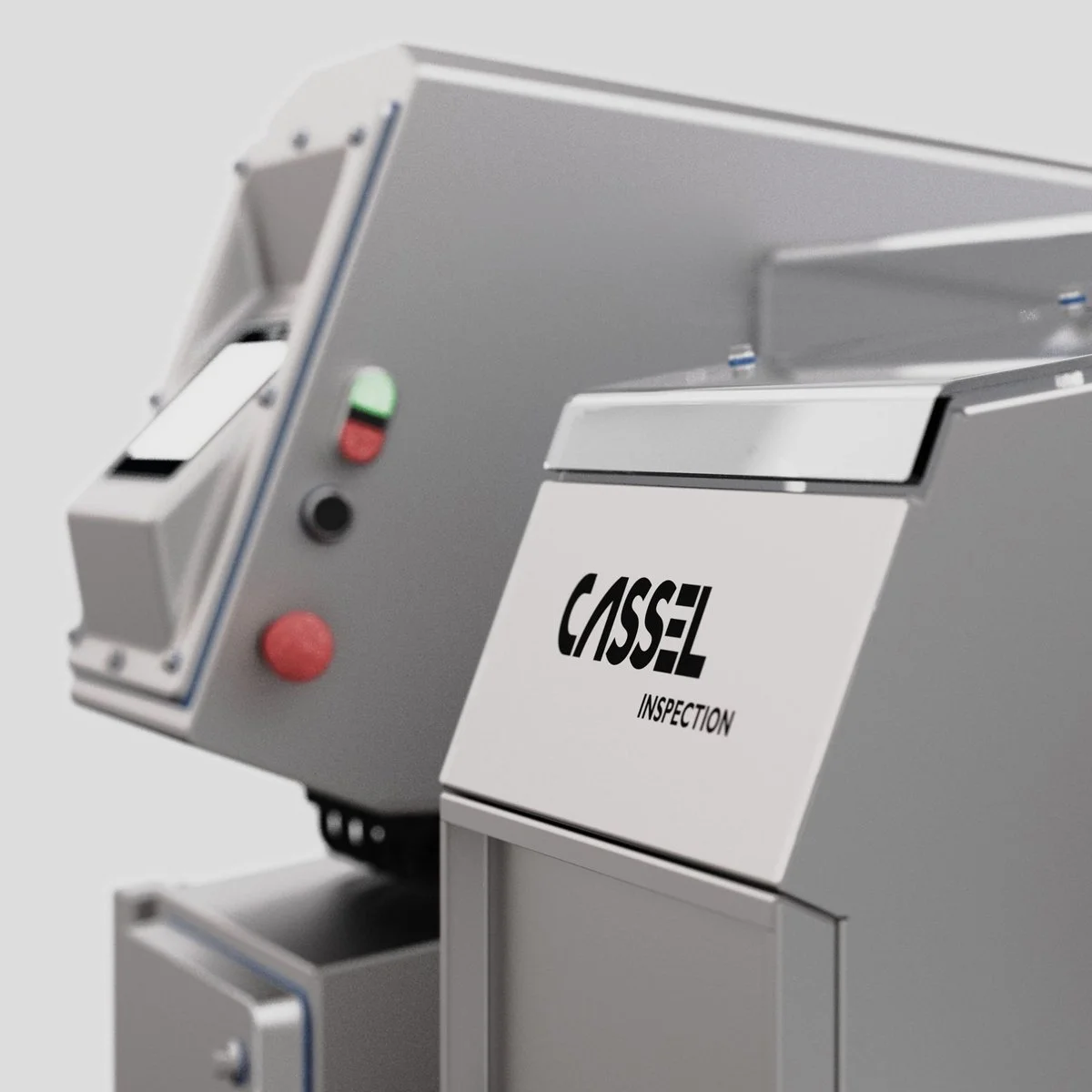 Industrial metal detection system with a stainless steel body, touchscreen interface, blue conveyor belt, and signal tower for status alerts.