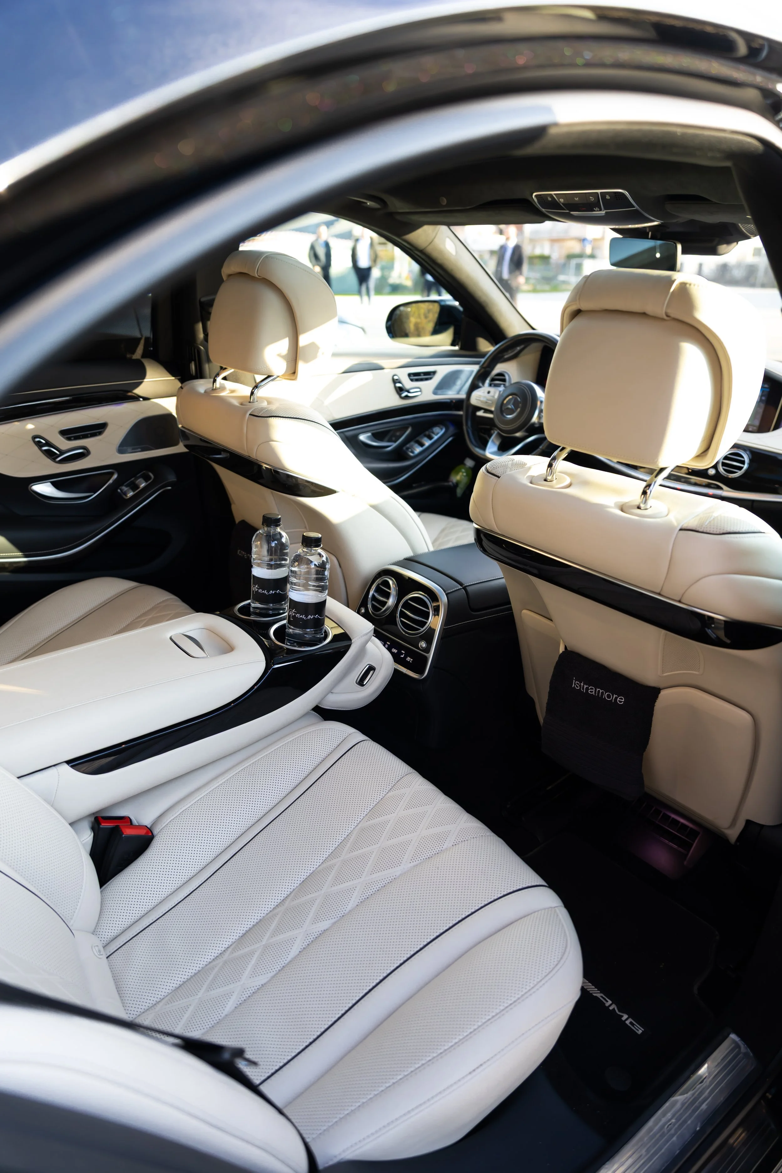 Premium leather interior and spacious legroom inside an executive Mercedes S-Class used for comfortable cross-border private drives from Venice to Croatia
