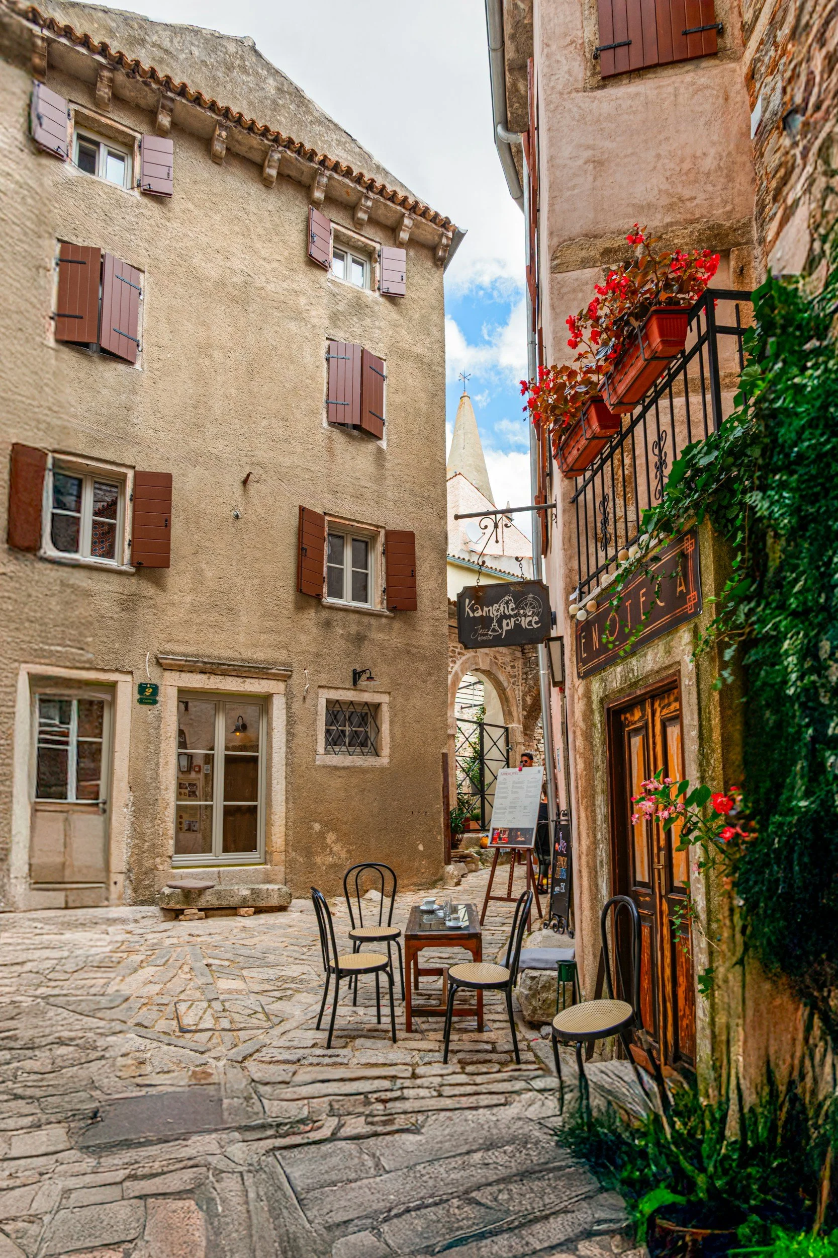 Cobblestone streets and stone architecture of the medieval town of Bale, Istria.