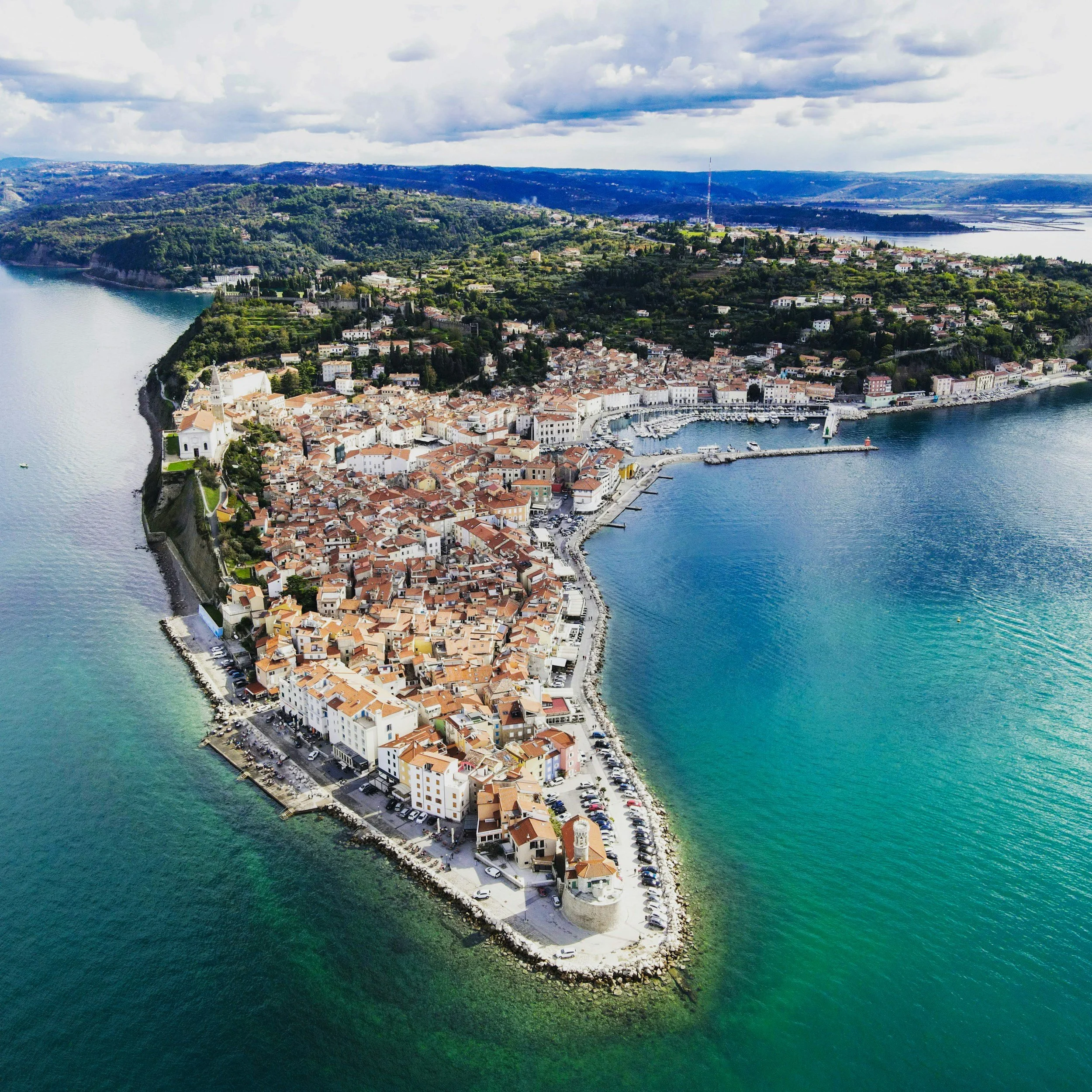 Aerial view of coastal town Piran in Slovenia during a private day trip