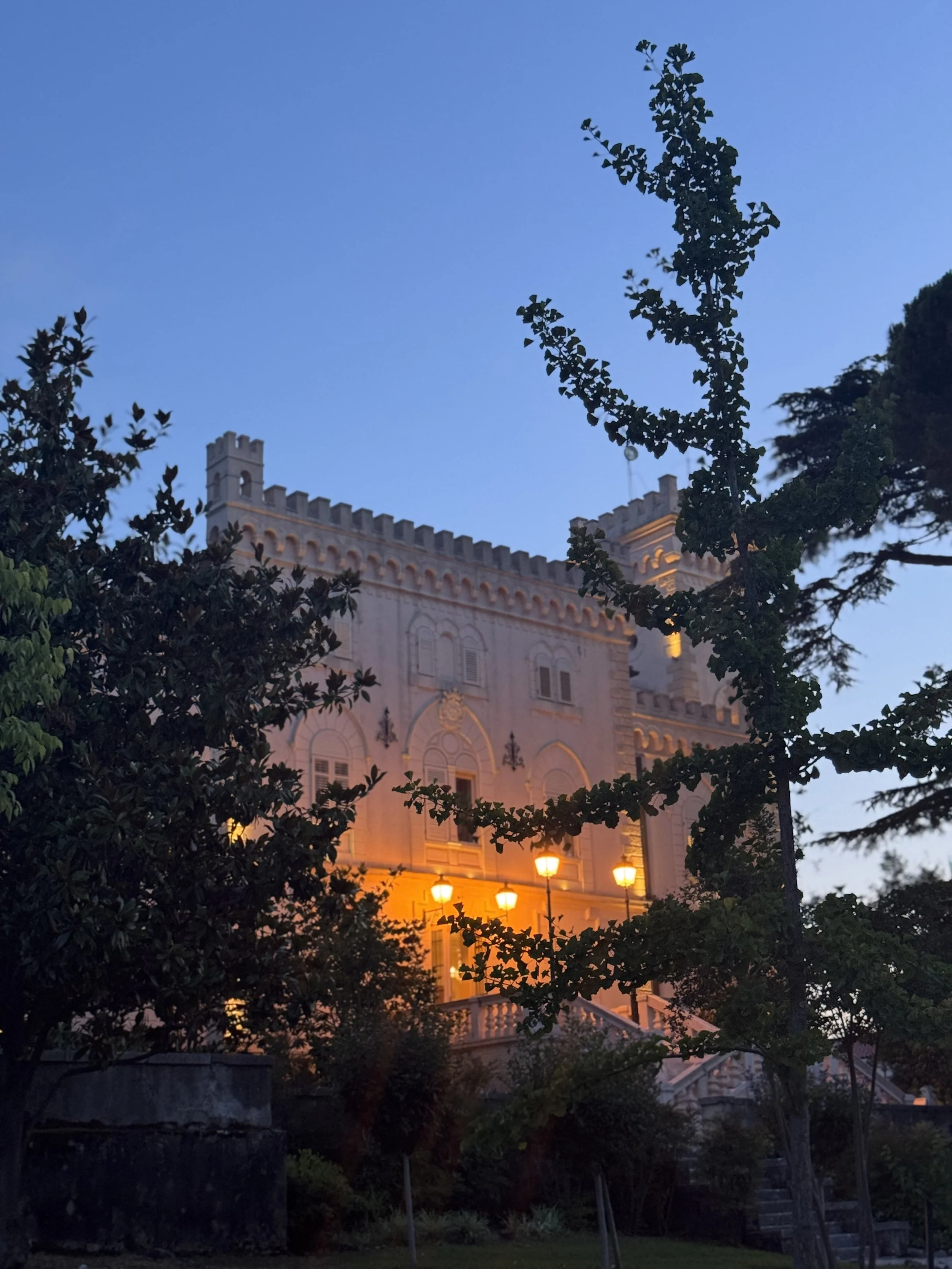 Fairytale castle perched on a small island, surrounded by shimmering blue waters