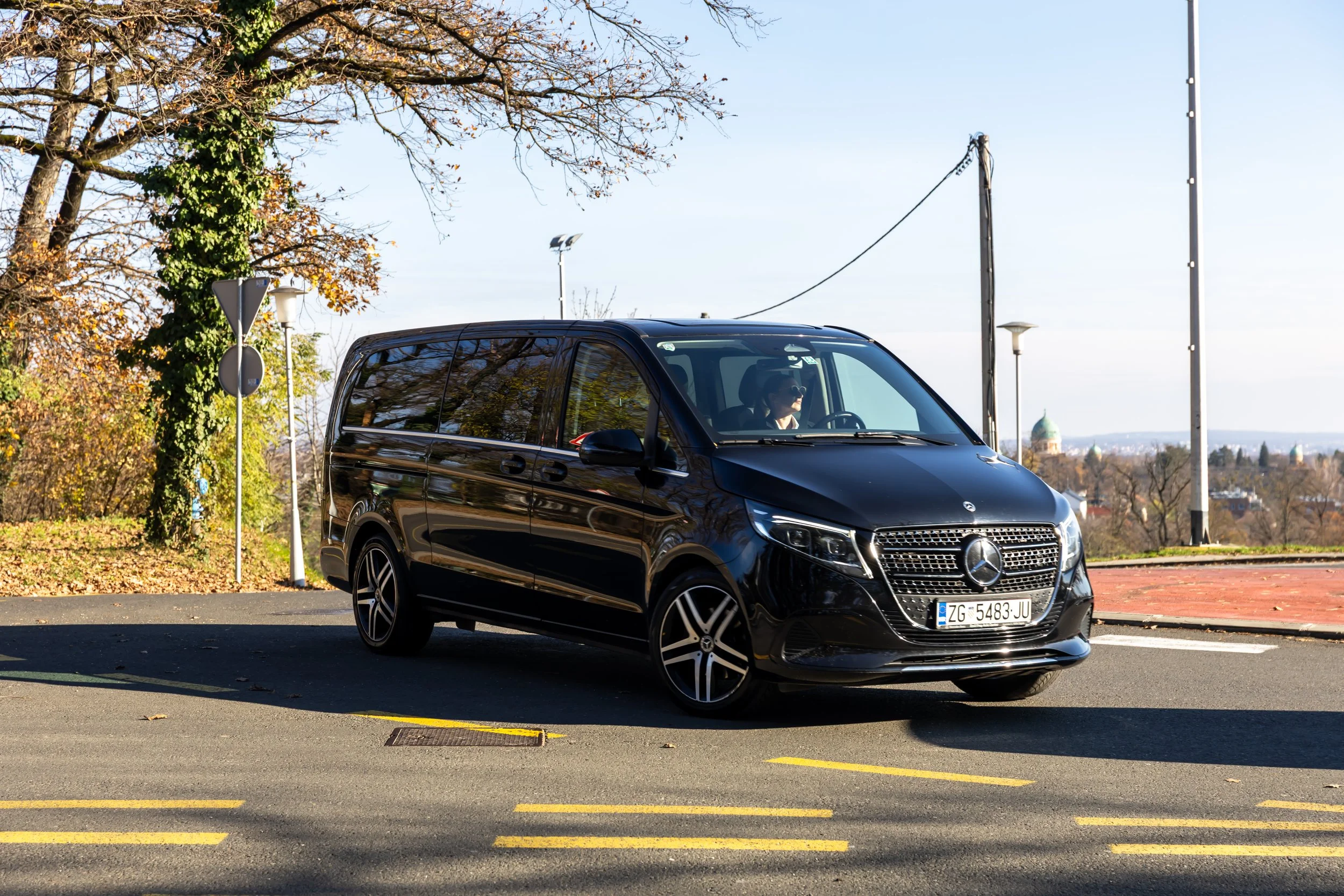 Black luxury Mercedes V-Class waiting at Pula Airport PUY for private VIP transfer to Umag and Novigrad