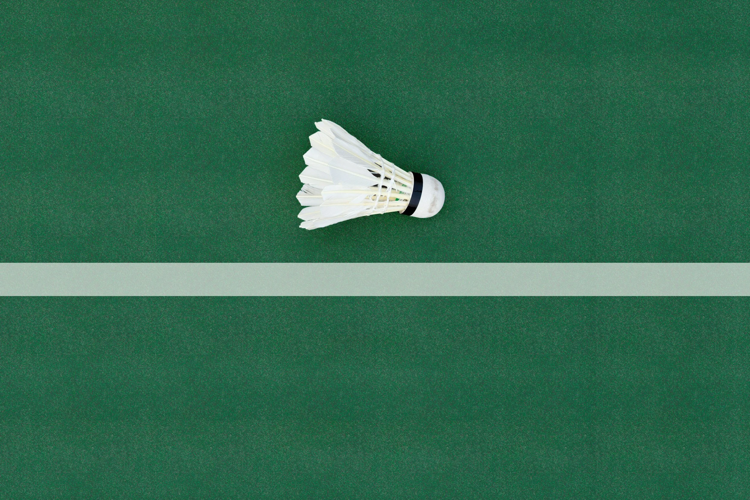 A shuttlecock resting on a green badminton court near the center of the image.
