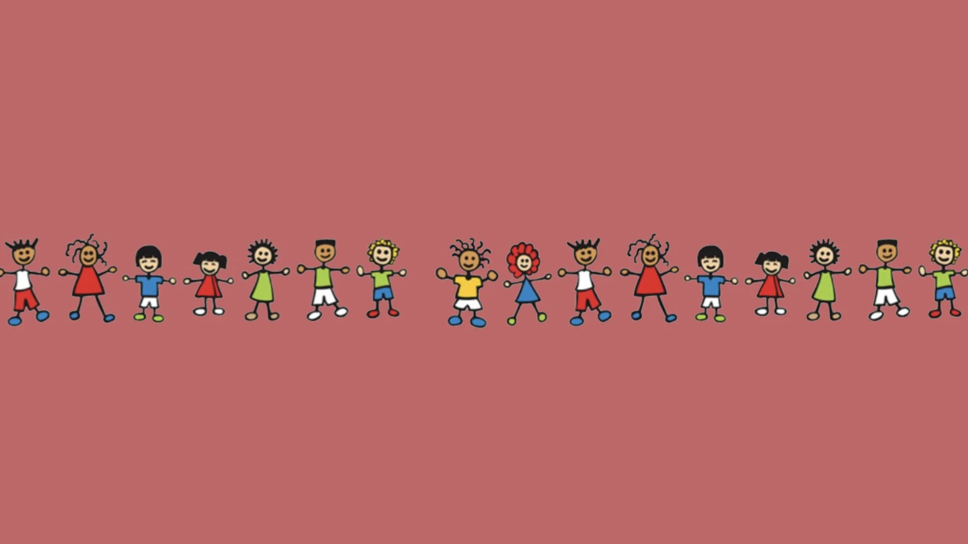 A cartoon illustration of children holding hands in a line, standing on a pink background.