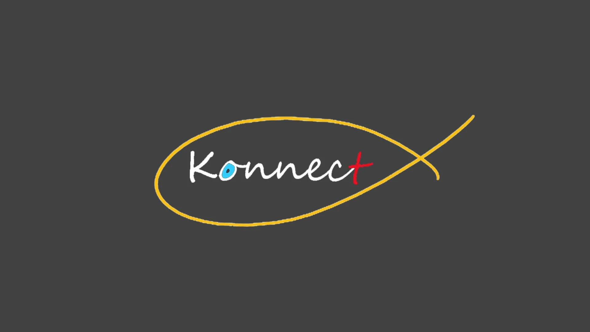 The word 'Konnect' written in a stylized font with a blue 'o' and a red cross sign as the letter 't', encircled with a yellow fish symbol on a dark gray background.