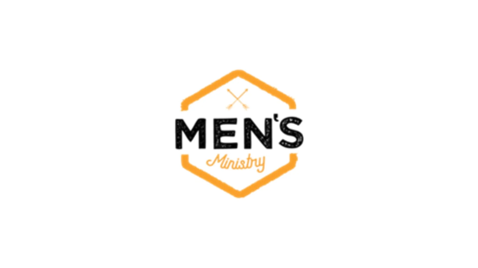 Logo for Men's Ministry, featuring an orange hexagon outline with a small orange roof shape, with the text 'MEN'S' in bold black and 'Ministry' in orange cursive below.