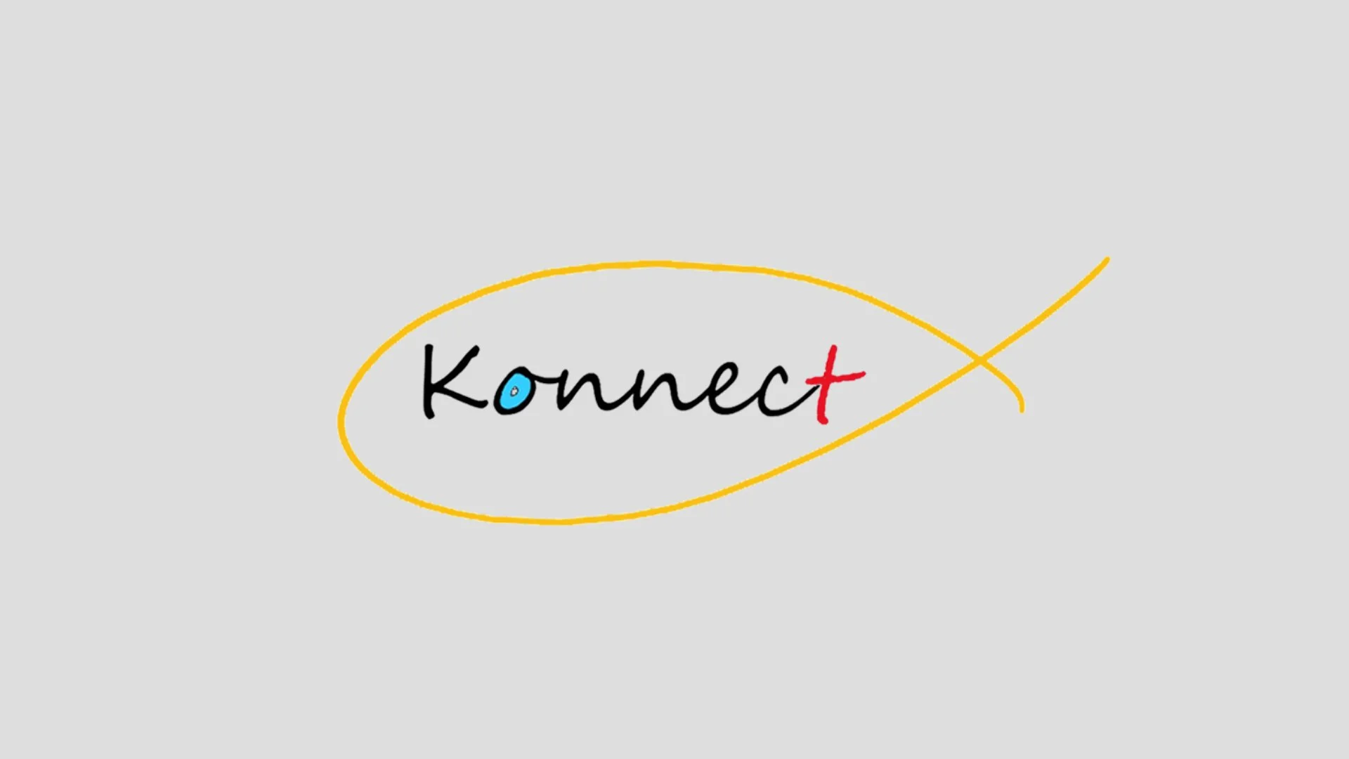 Logo with the word 'Konnect' written in a black stylised font with a blue 'o' and a red cross sign as the letter 't.' The text is enclosed in a yellow fish symbol on a light grey background. 