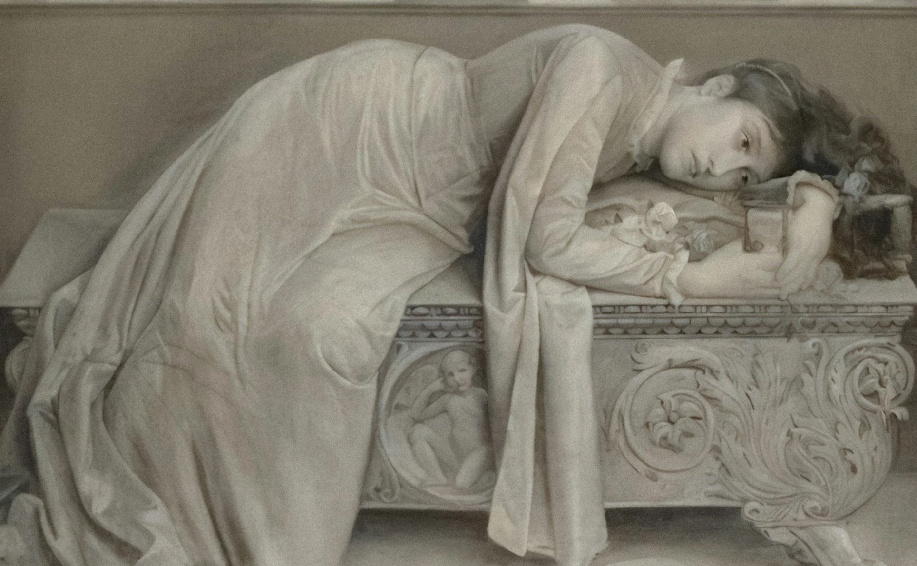 A woman from before the Industrial Revolution lying awake on a fancy bed