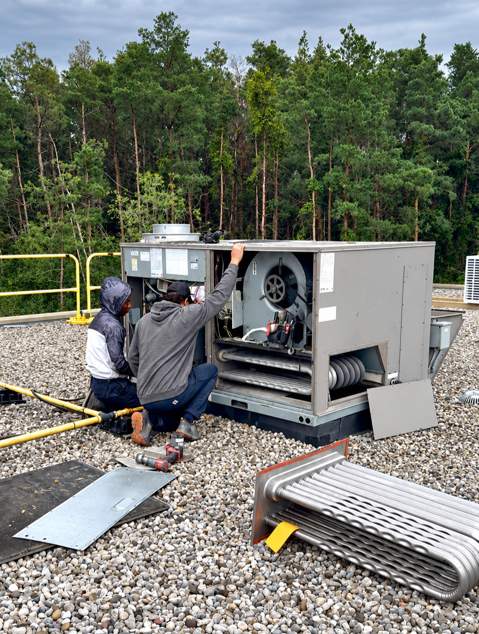 Rooftop technician replacing a rooftop unit