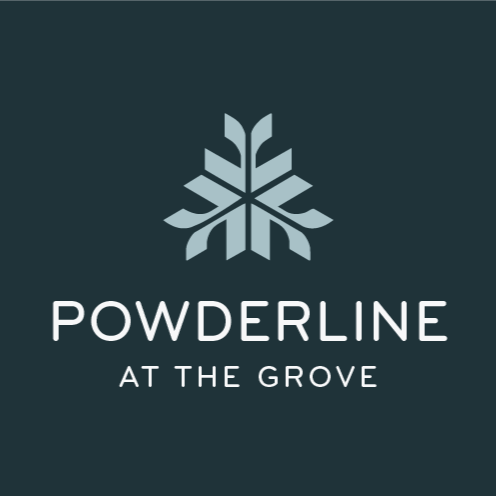 Powderline at the Grove logo featuring a stylized snowflake symbol on a dark background.