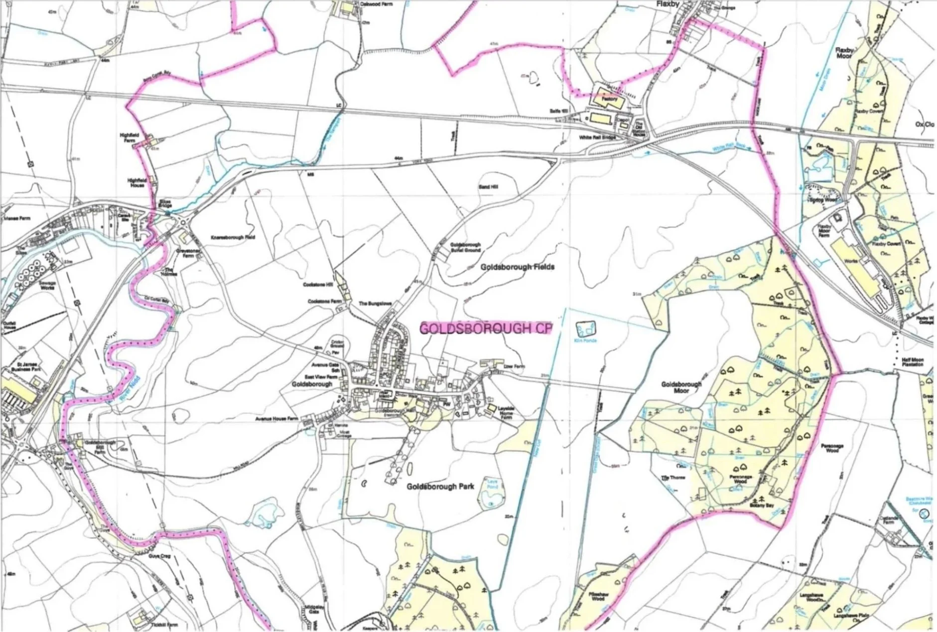 Detailed geographic map of Goldsborough area showing residential streets, parks, farms, woodlands, water bodies, and boundary lines with different colors and labels.