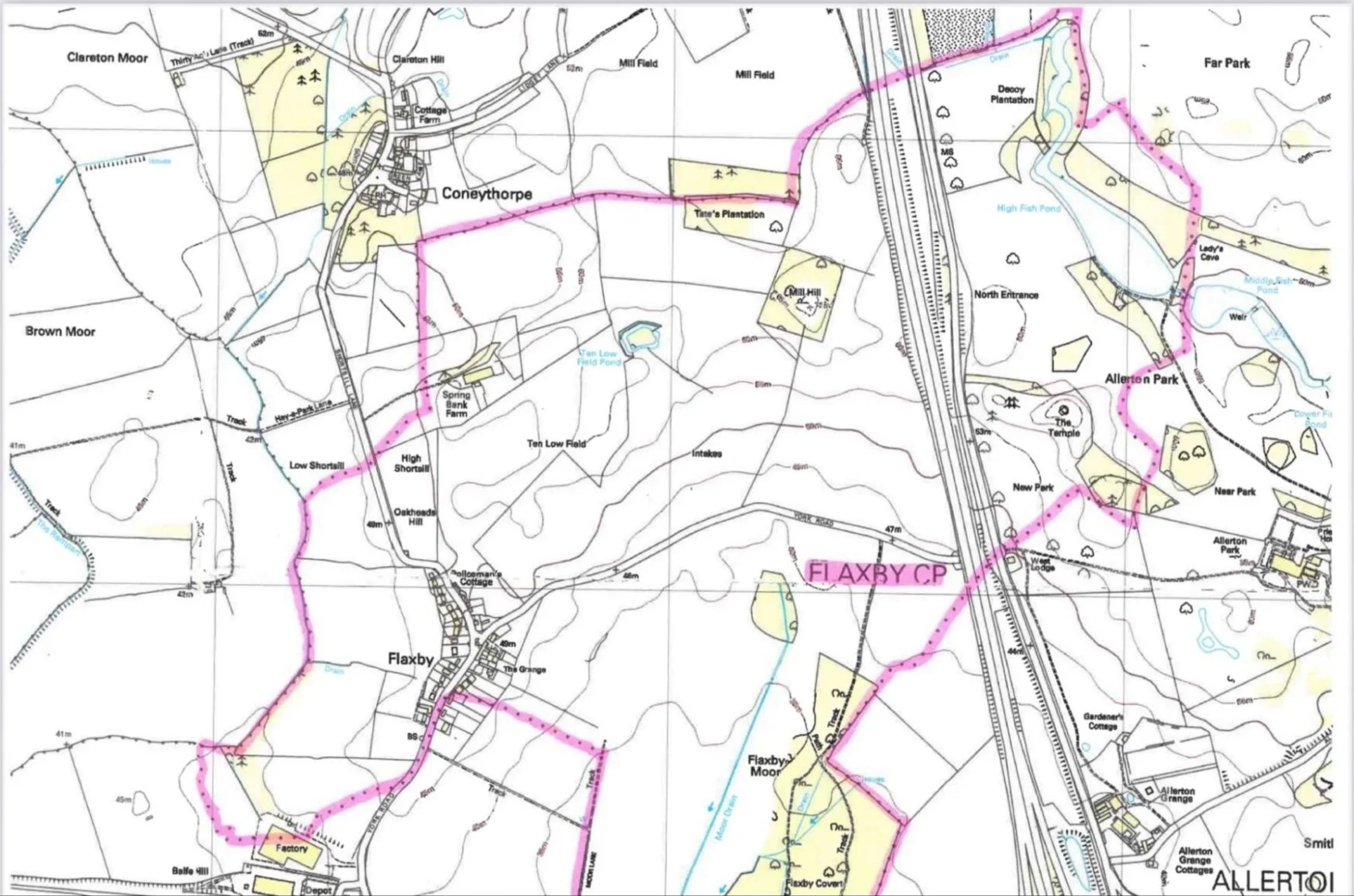 Detailed map of Flaxby area showing roads, farms, and parks with a pink trail route highlighted.