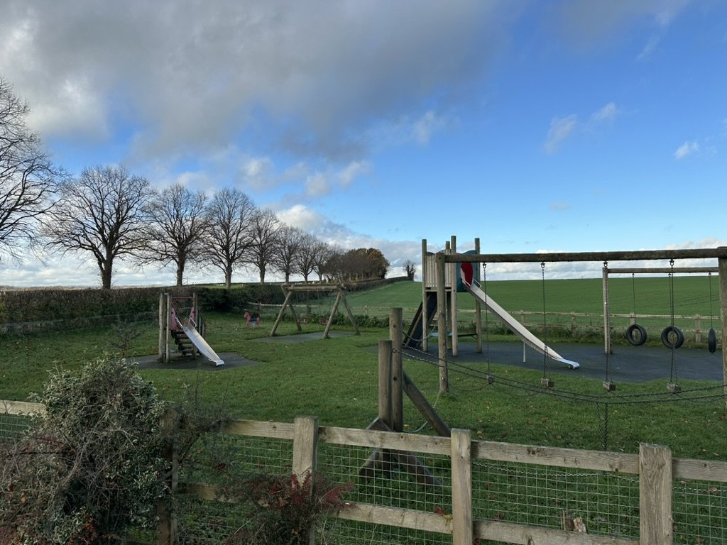 Playground with slides and swings in an open grassy field, with leafless trees and a partly cloudy sky in the background.
