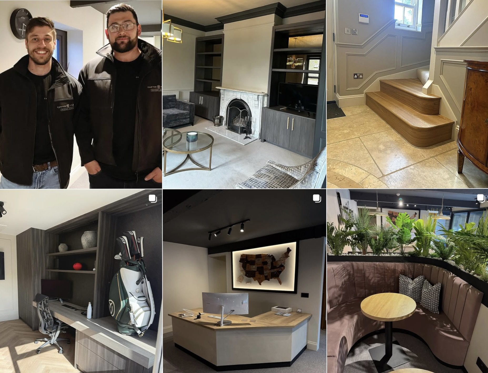 Collage of six images: two men in black jackets smiling; living room with fireplace, gray furniture, and built-in shelves; inside staircase with wooden steps; home office with desk, chair, and golf bag; reception area with United States map art; cozy seating area with curved brown booth, round table, and green plants.