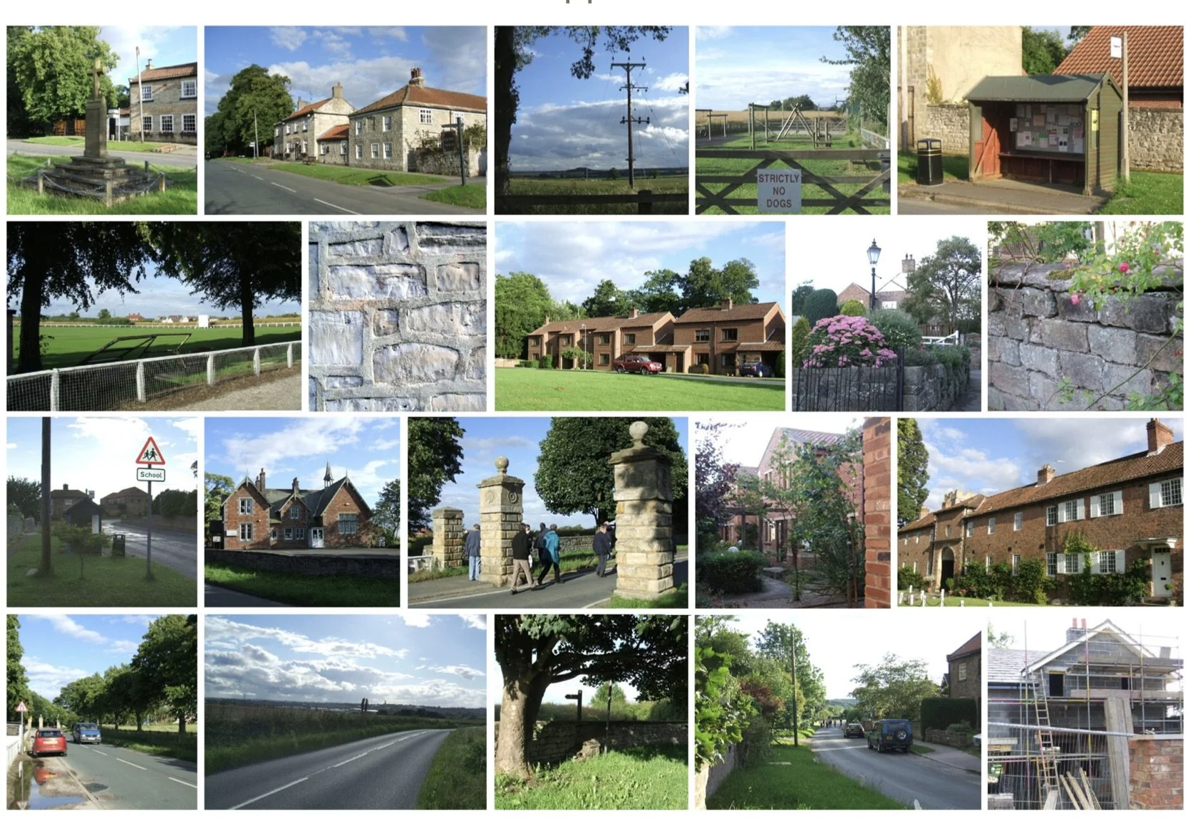 Collage of residential and rural scenes including houses, a park, a school zone sign, trees, a brick wall, a building under construction, a fence, a street with parked cars, and a countryside road.
