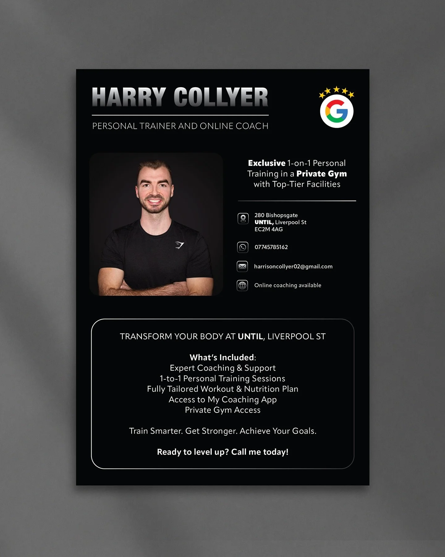 Minimal, bold and to the point. 

This was exactly what Harry wanted. No-frills but a strong identity for his coaching brand - something that would feel sleek, premium, and gym ready. From flyer to digital presence, we kept the colour palette tight a