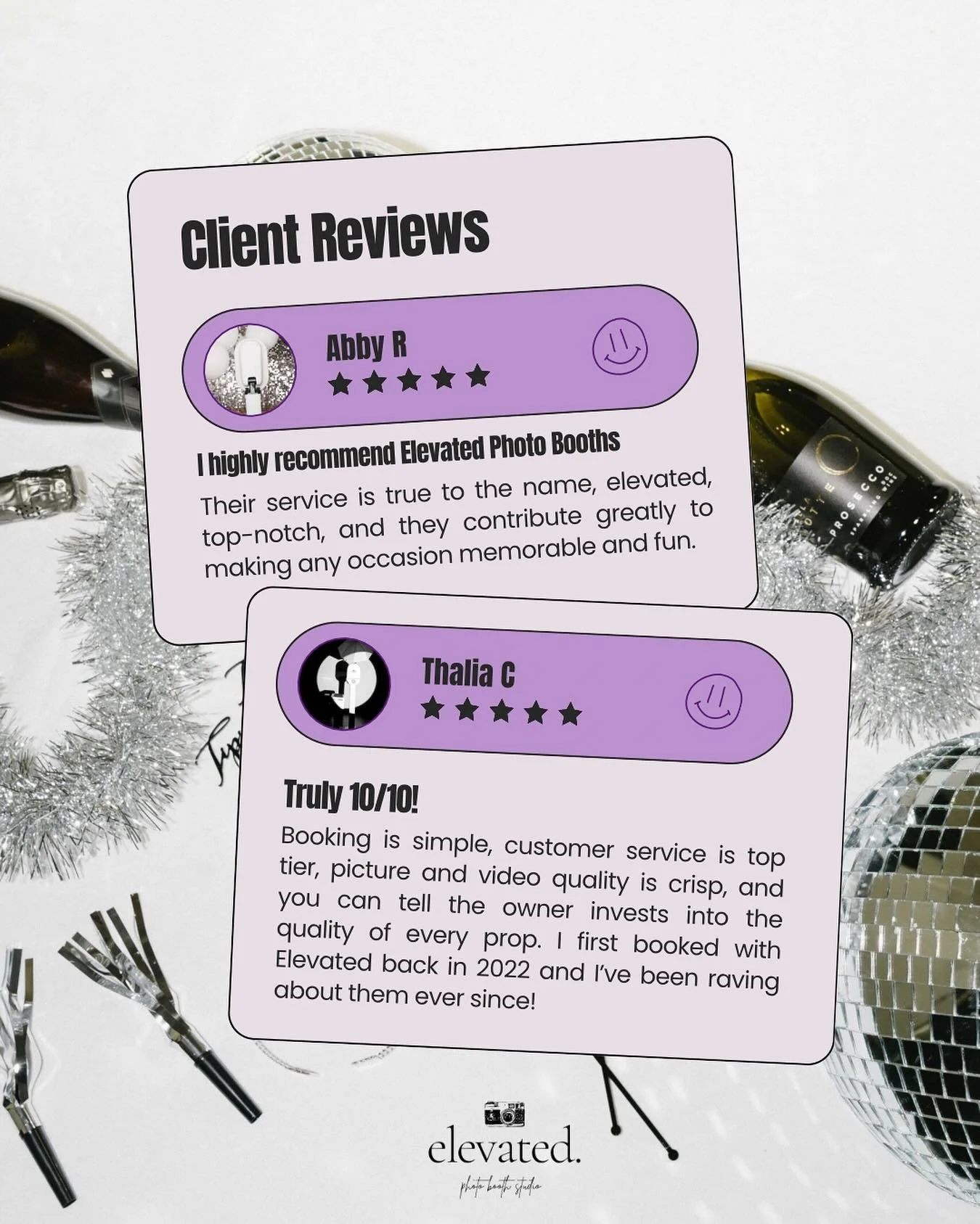 Your 5-star experiences mean the world to us! 🌟 Thank you to our amazing clients for letting Elevated Photo Booths be a part of your special moments. Ready to elevate your next event with unforgettable memories? Let&rsquo;s make it happen! 📸✨ 
 
Fi