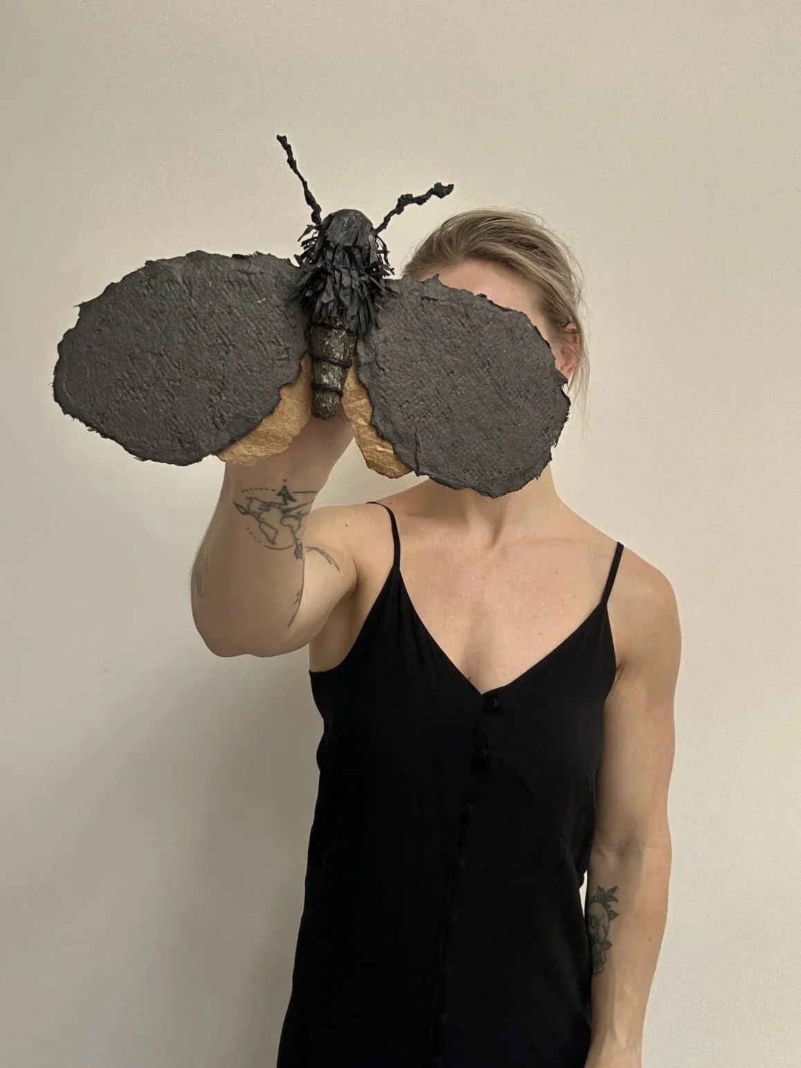 Moth wall sculpture made from cardboard and handmade paper, by Caroline Lindqvist