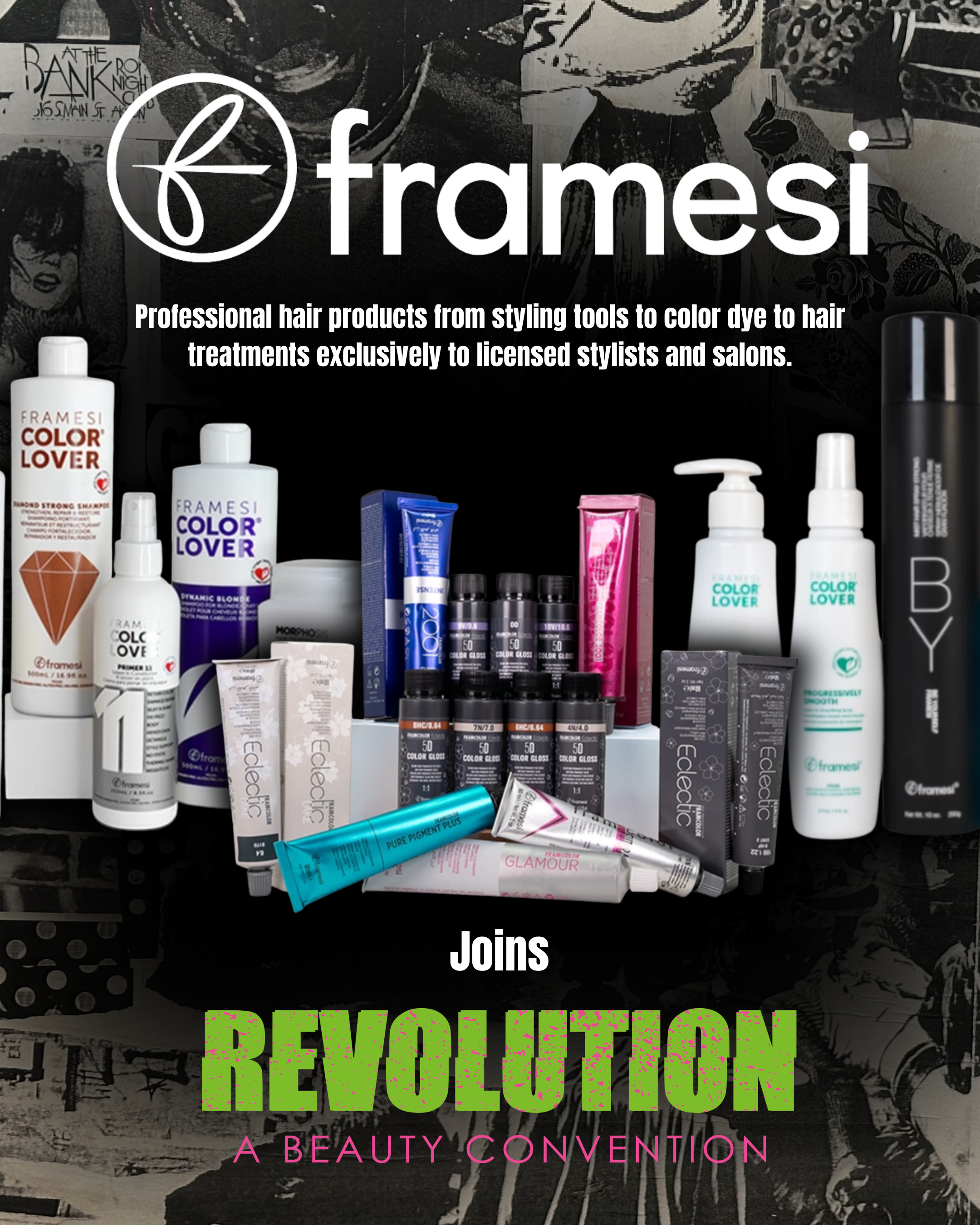 Promotional poster for Framesi, featuring an array of hair color products including shampoos, dyes, and treatment bottles, with text promoting professional styling products and a beauty convention called 'Revolution'.