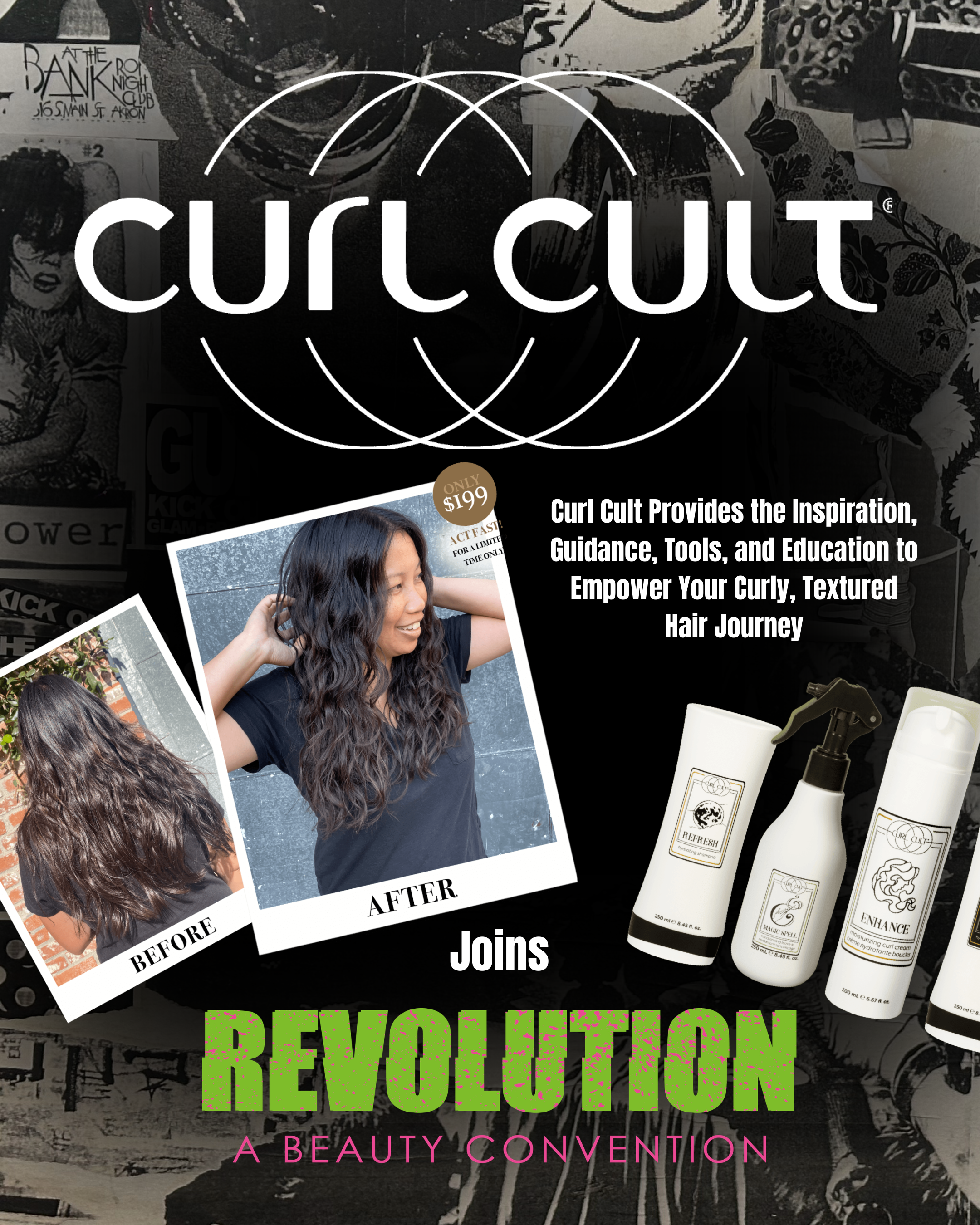 Advertising poster for Curl Cult beauty convention, highlighting the transformation of curly hair with before-and-after photos of a woman, hair care products, and event details.