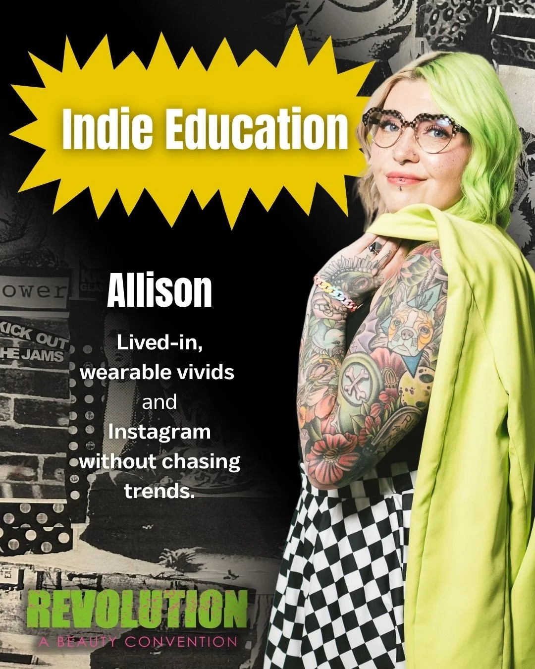 Poster featuring a woman with tattoos and glasses, draped in a neon yellow-green cape, promoting 