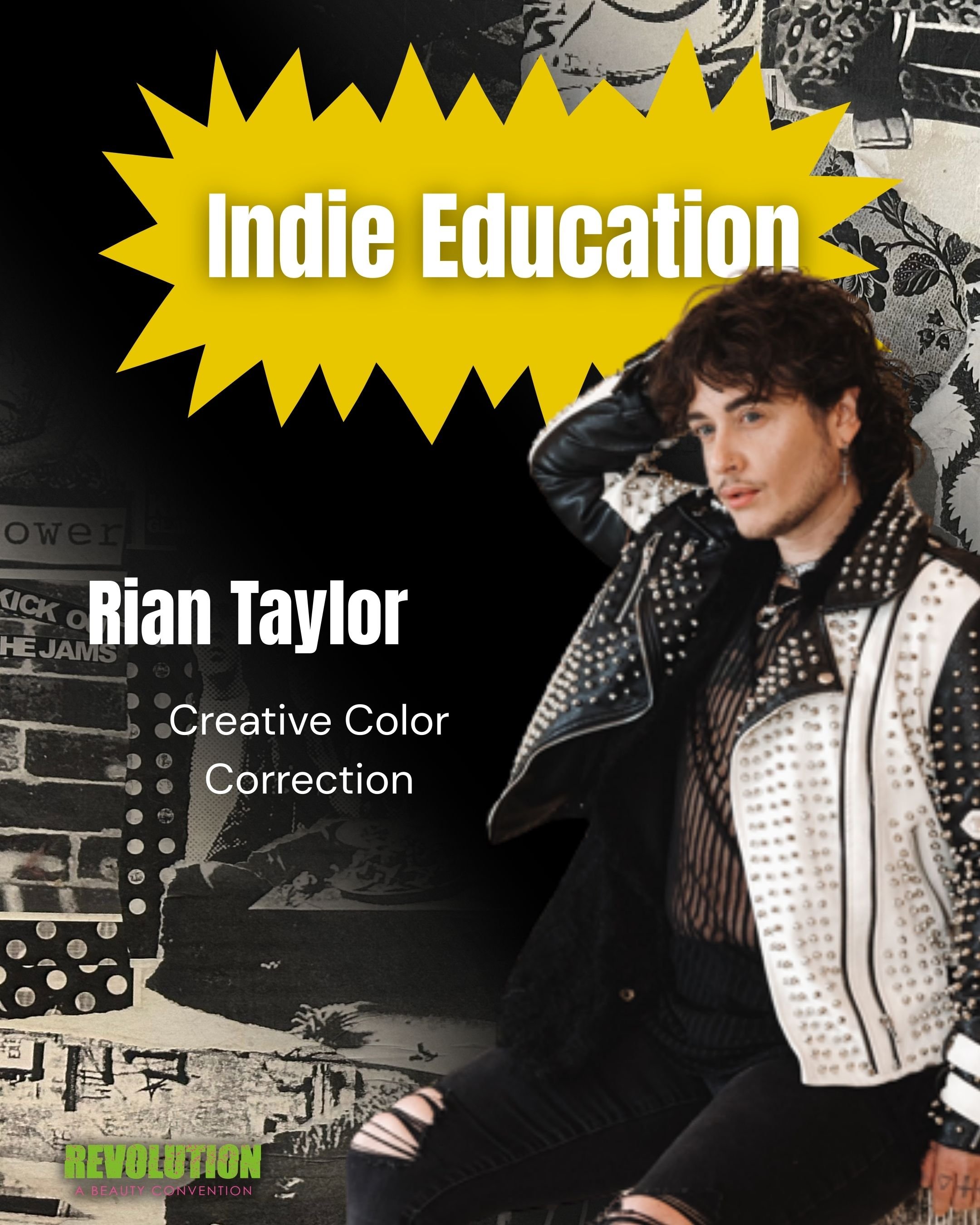 Book cover titled 'Indie Education' featuring Rian Taylor, promoting creative color correction. The cover shows a person with dark curly hair wearing a studded black leather jacket, torn black jeans, and accessories, positioned against a black, white