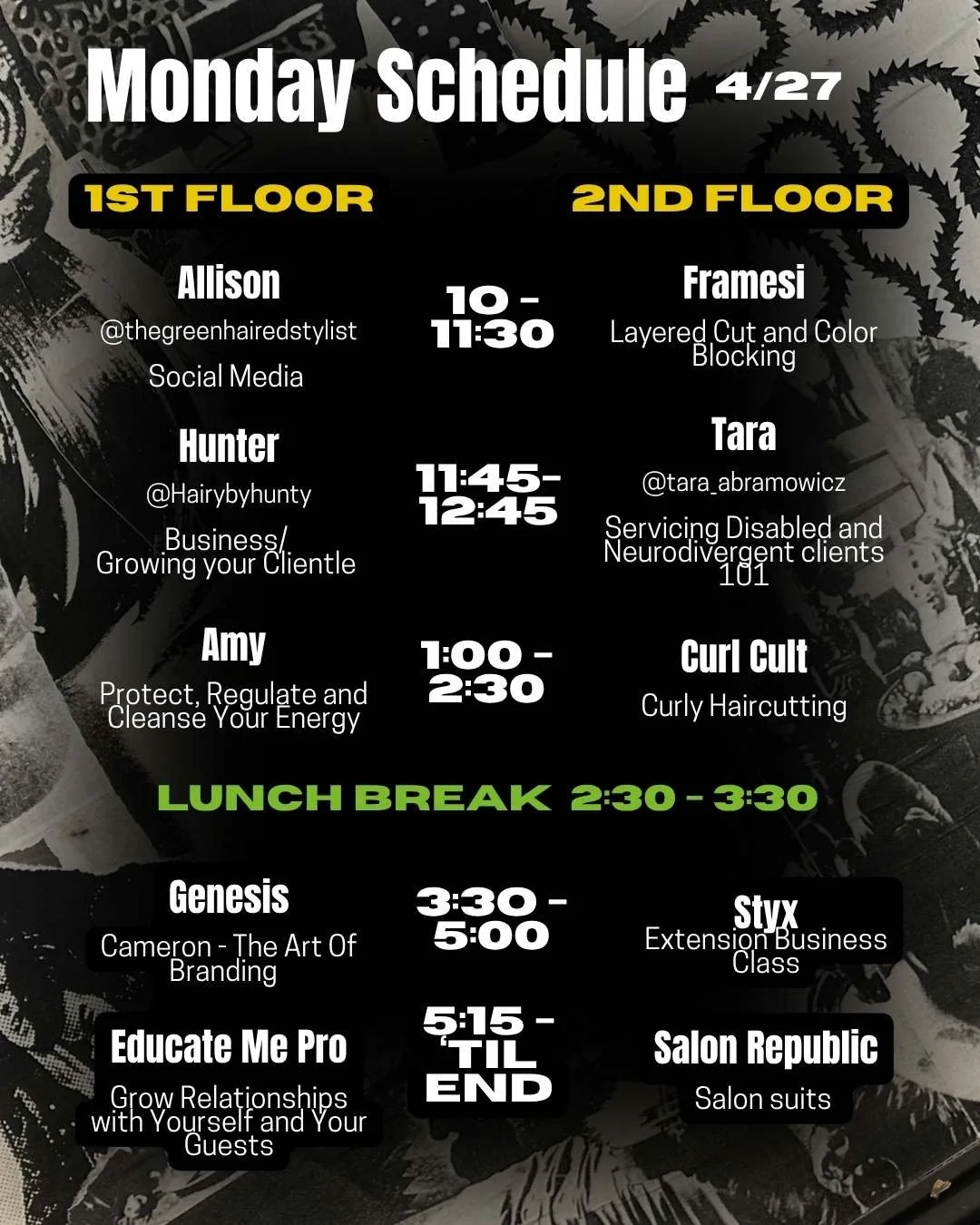 A digital schedule for Monday, April 27, listing events on the first and second floors with times and descriptions, along with a lunch break and end of day activities.